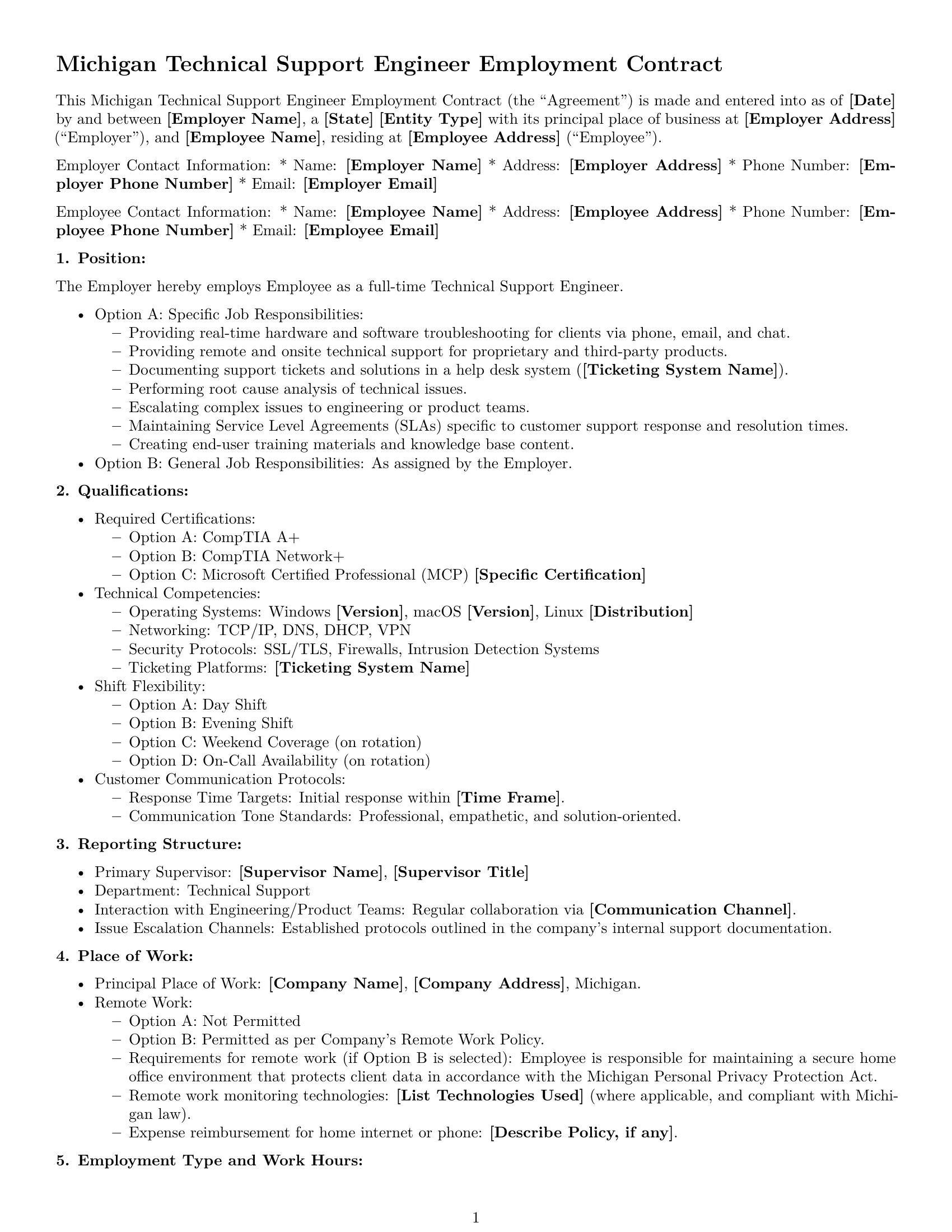 Preview page 1 of Free Michigan technical support engineer employment contract template