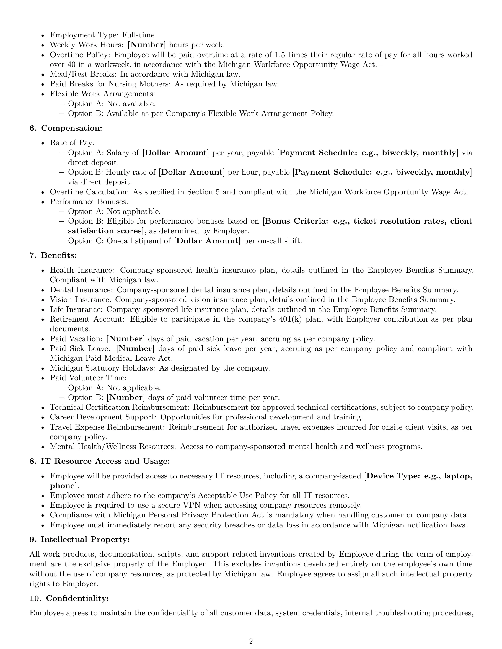 Preview page 2 of Free Michigan technical support engineer employment contract template