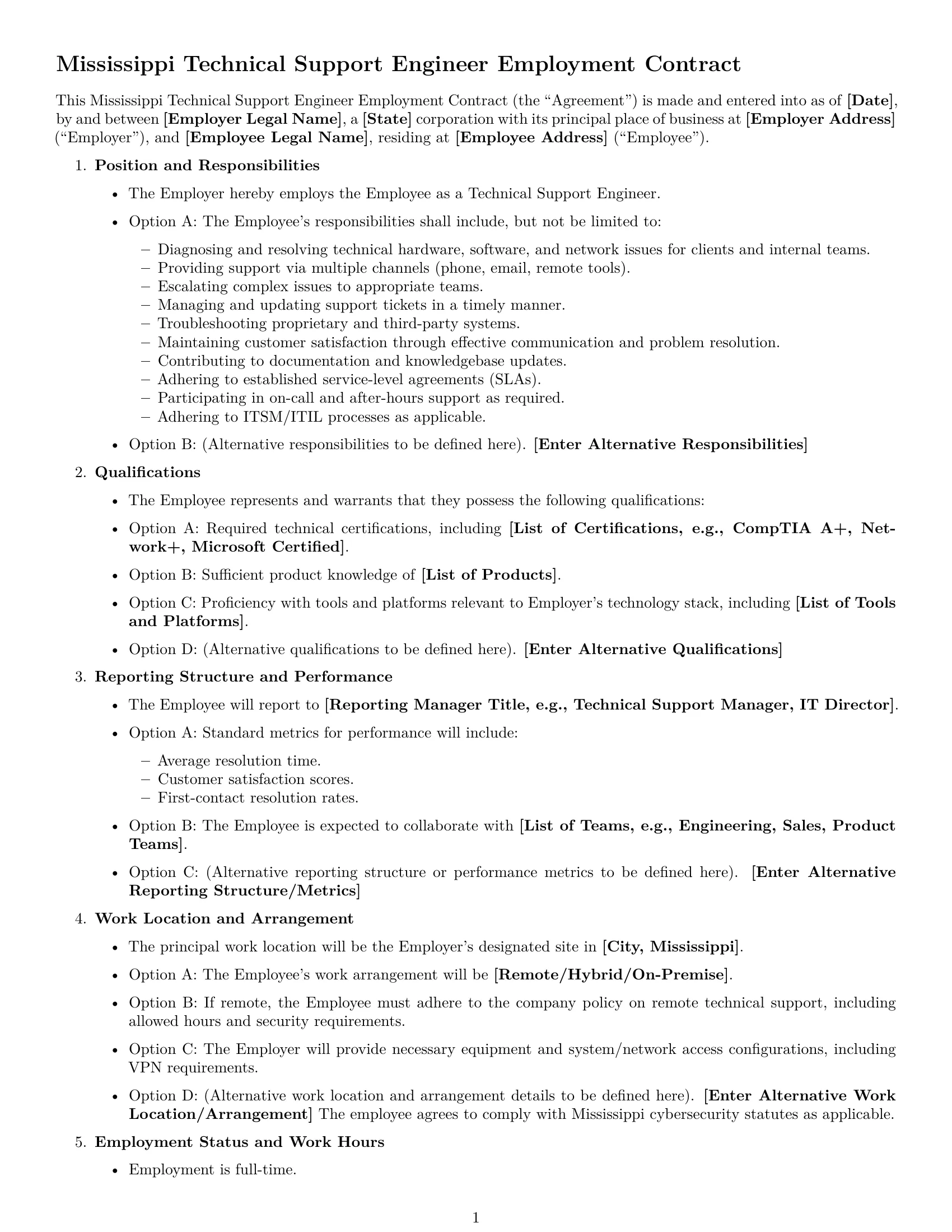 Preview page 1 of Free Mississippi technical support engineer employment contract template