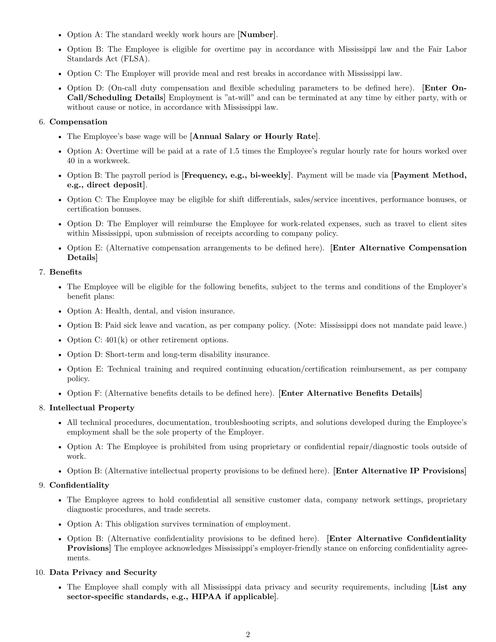 Preview page 2 of Free Mississippi technical support engineer employment contract template