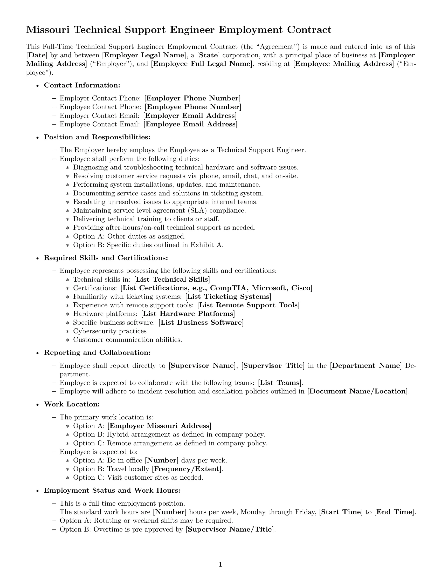 Preview page 1 of Free Missouri technical support engineer employment contract template