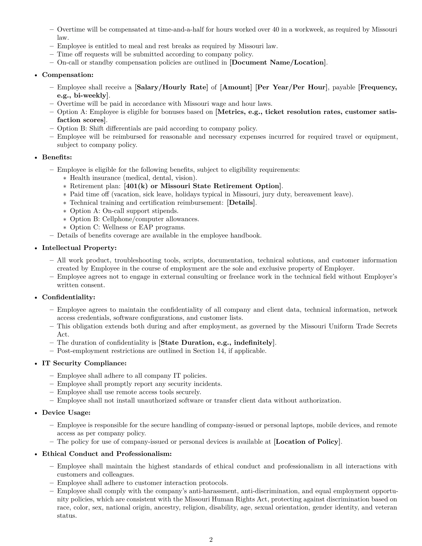 Preview page 2 of Free Missouri technical support engineer employment contract template