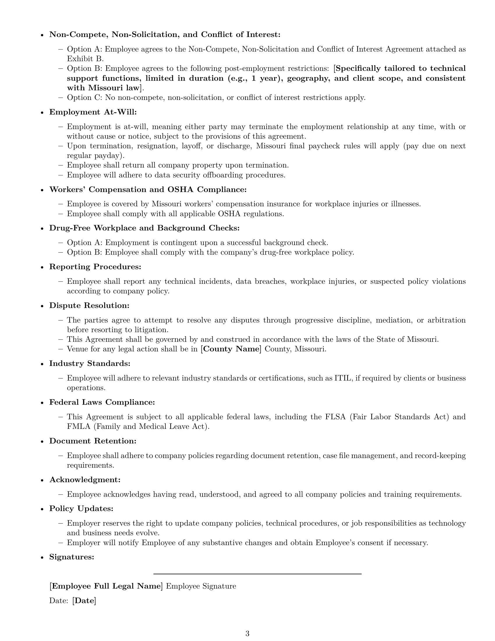 Preview page 3 of Free Missouri technical support engineer employment contract template