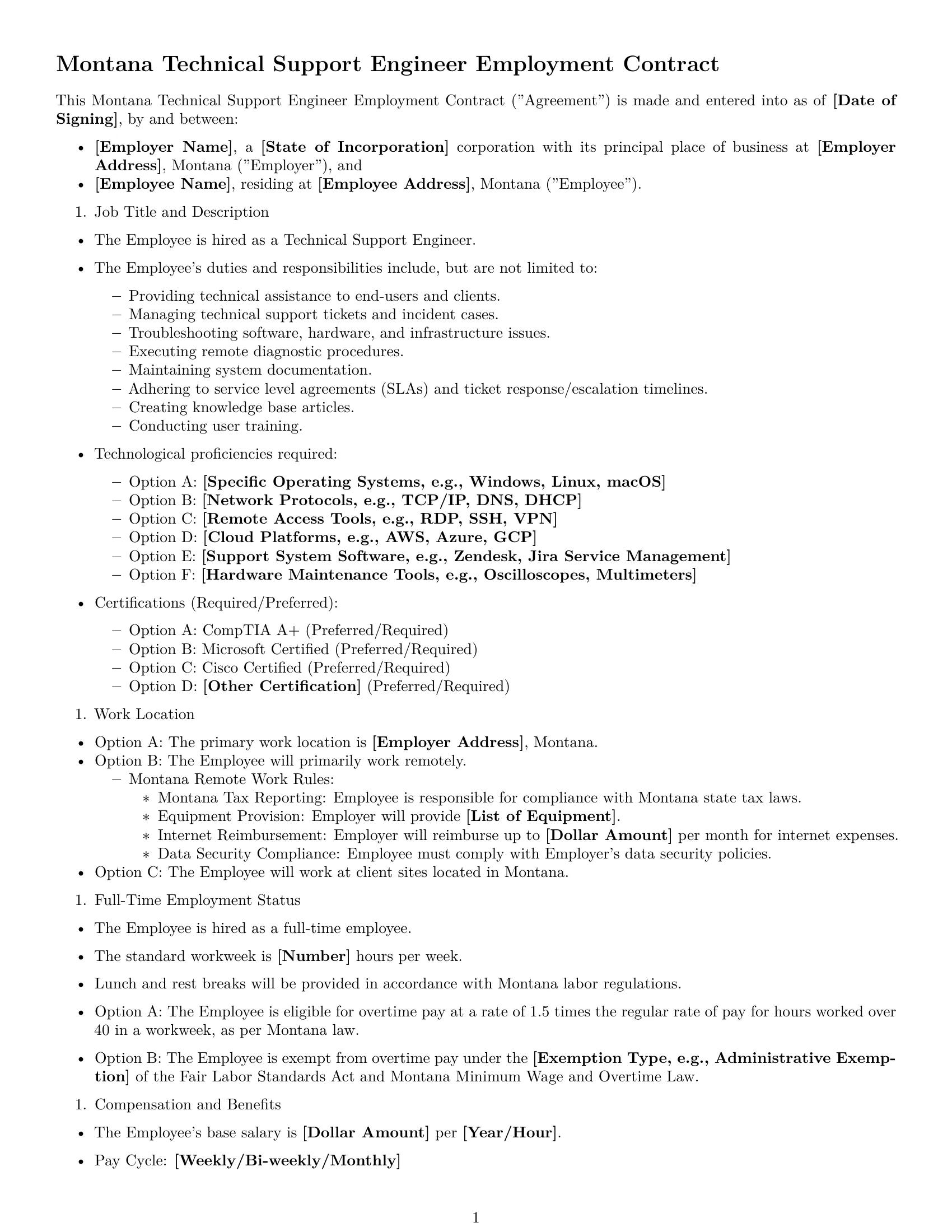 Preview page 1 of Free Montana technical support engineer employment contract template