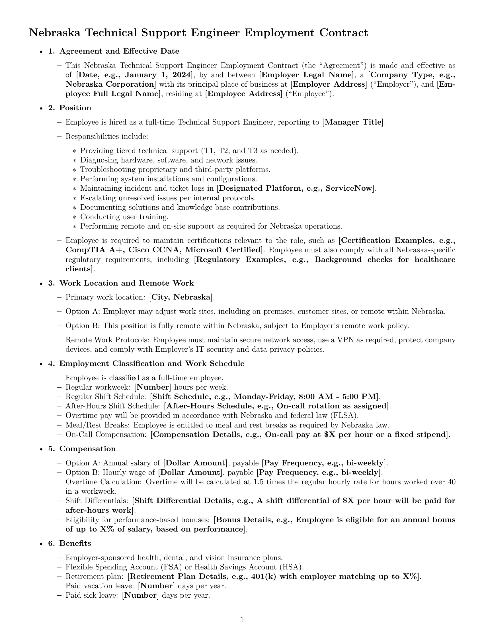 Preview page 1 of Free Nebraska technical support engineer employment contract template