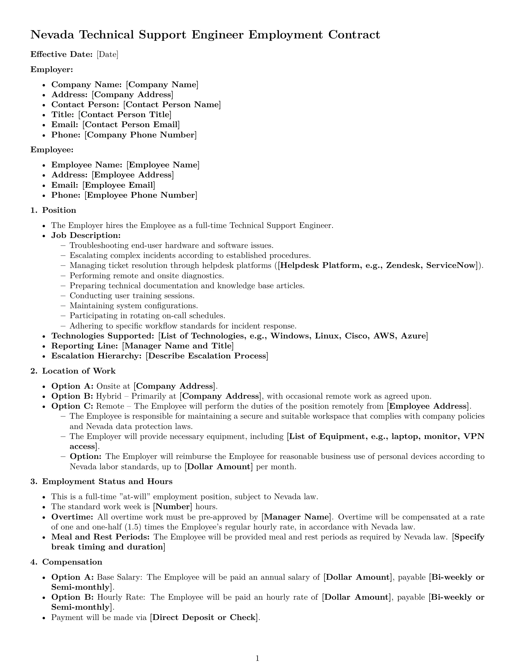 Preview page 1 of Free Nevada technical support engineer employment contract template