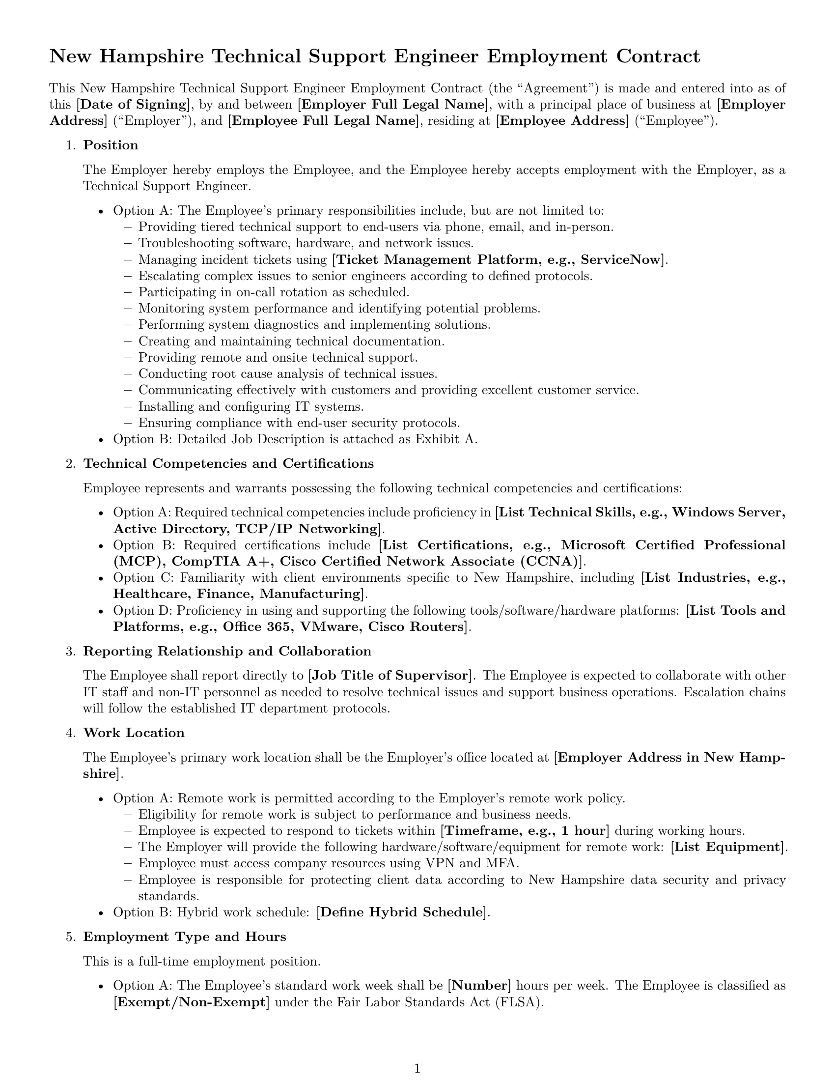 Preview page 1 of Free New Hampshire technical support engineer employment contract template