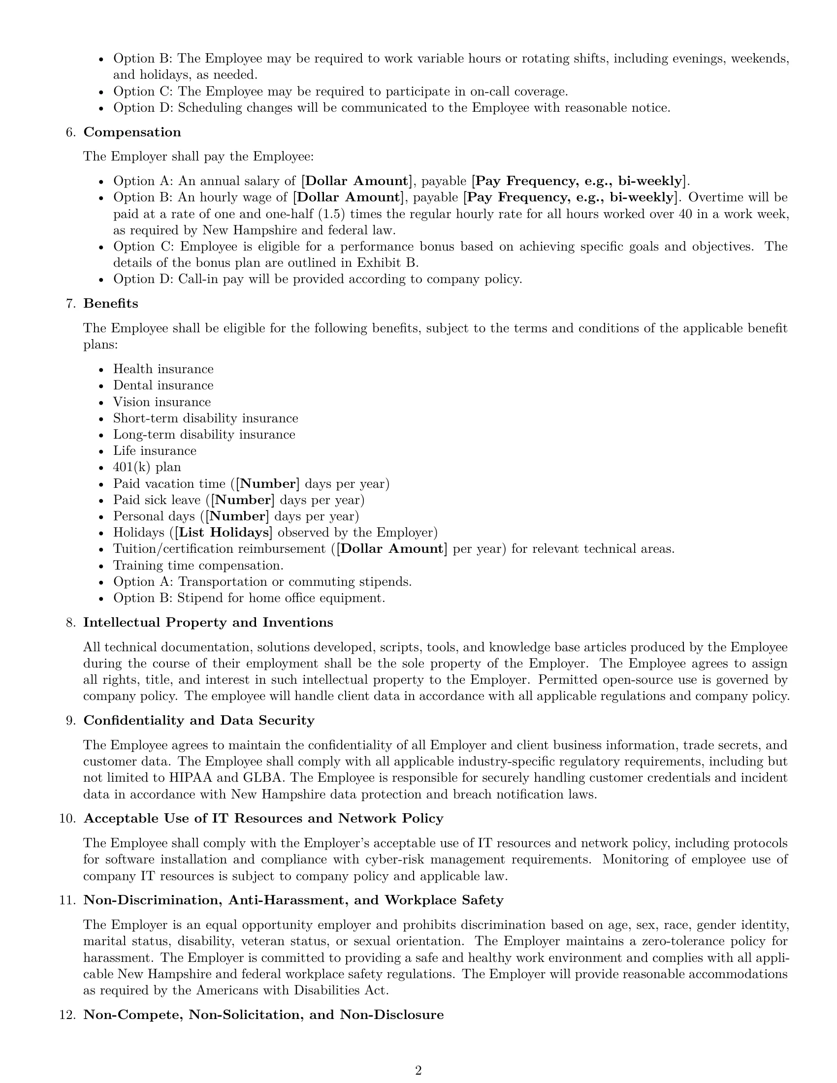 Preview page 2 of Free New Hampshire technical support engineer employment contract template
