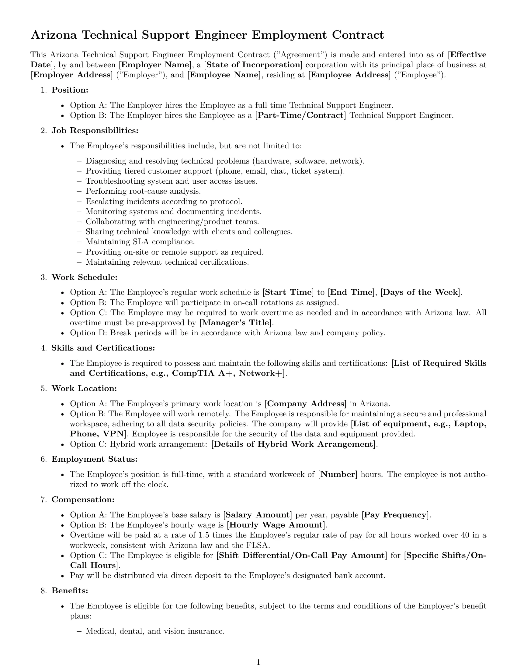 Preview page 1 of Free Arizona technical support engineer employment contract template