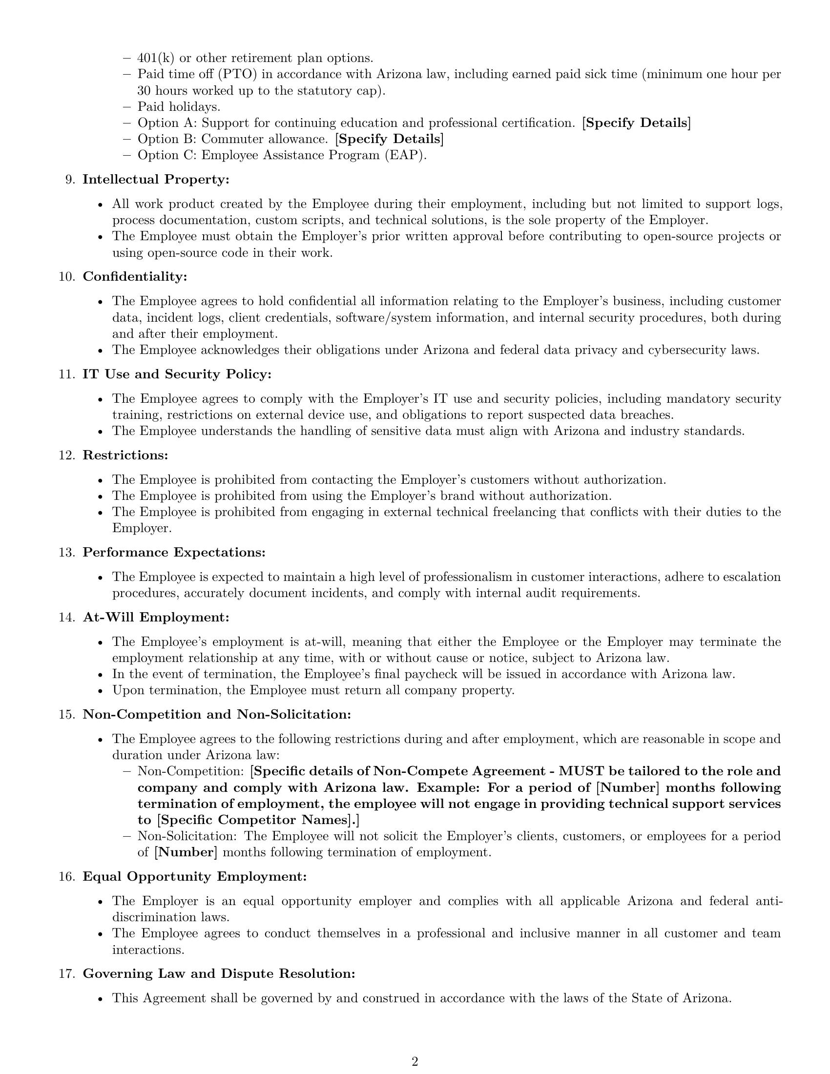 Preview page 2 of Free Arizona technical support engineer employment contract template