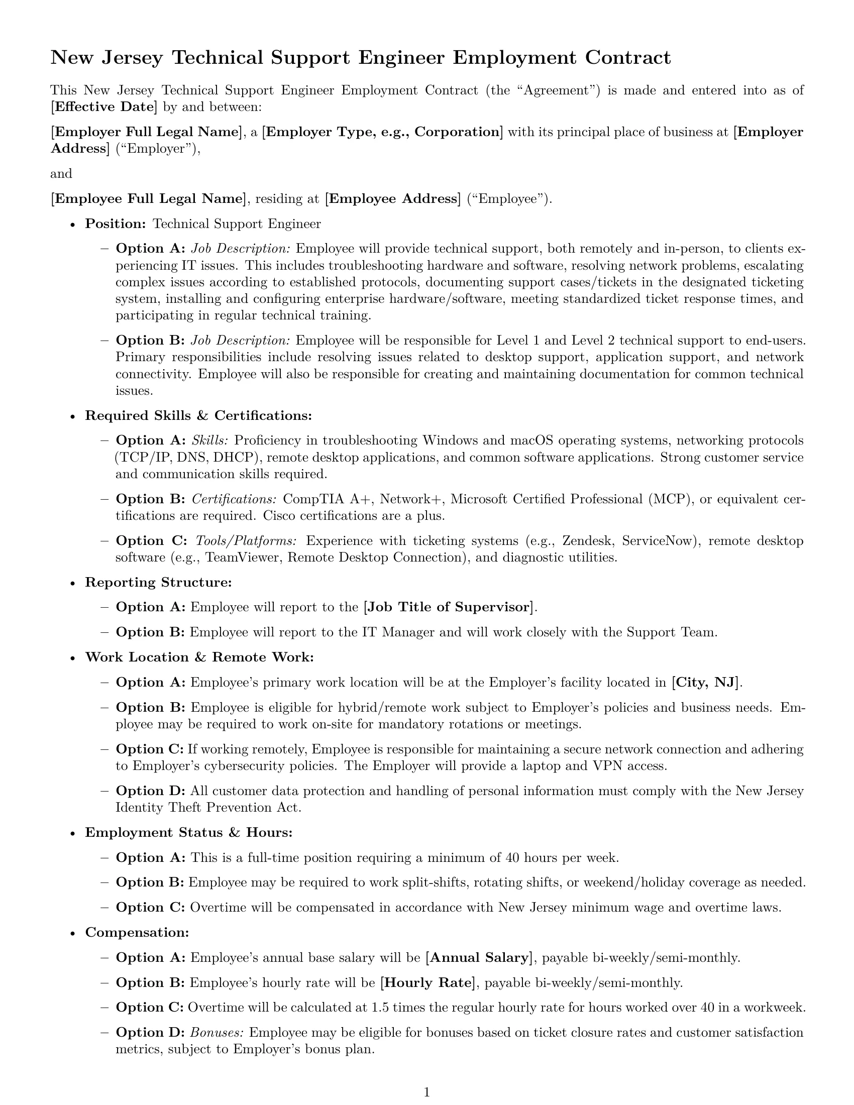 Preview page 1 of Free New Jersey technical support engineer employment contract template