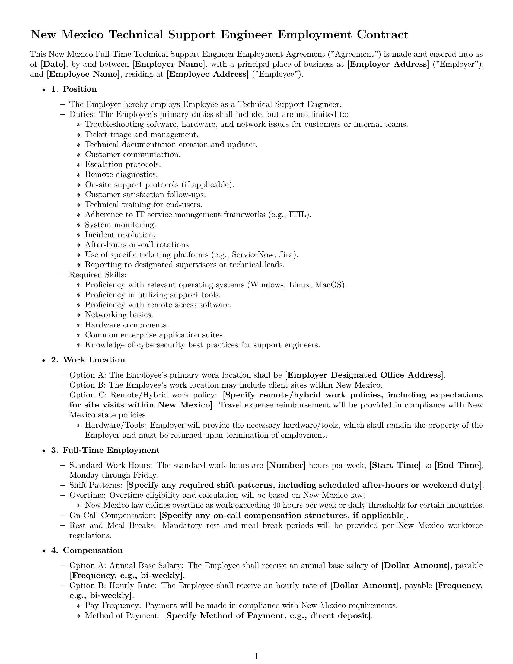 Preview page 1 of Free New Mexico technical support engineer employment contract template