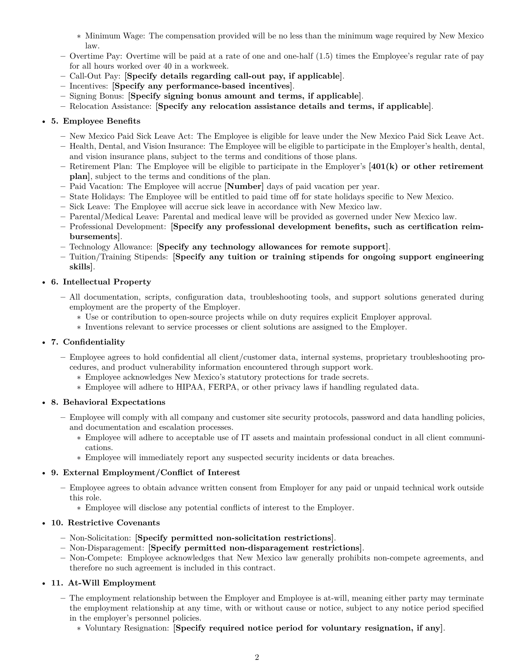 Preview page 2 of Free New Mexico technical support engineer employment contract template