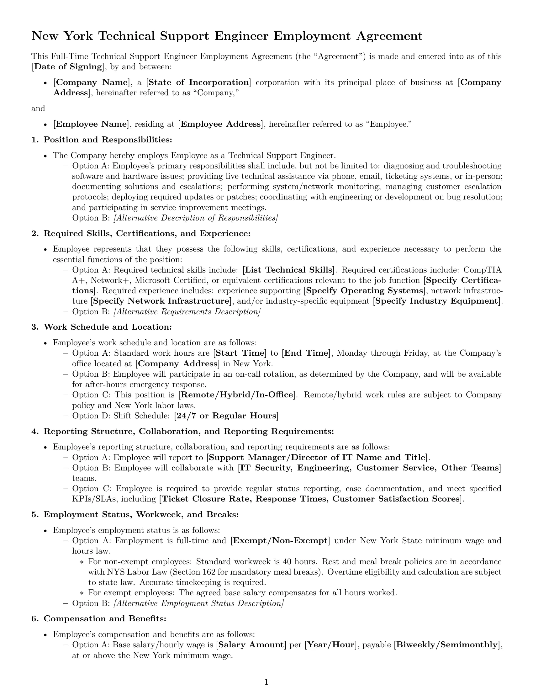Preview page 1 of Free New York technical support engineer employment contract template