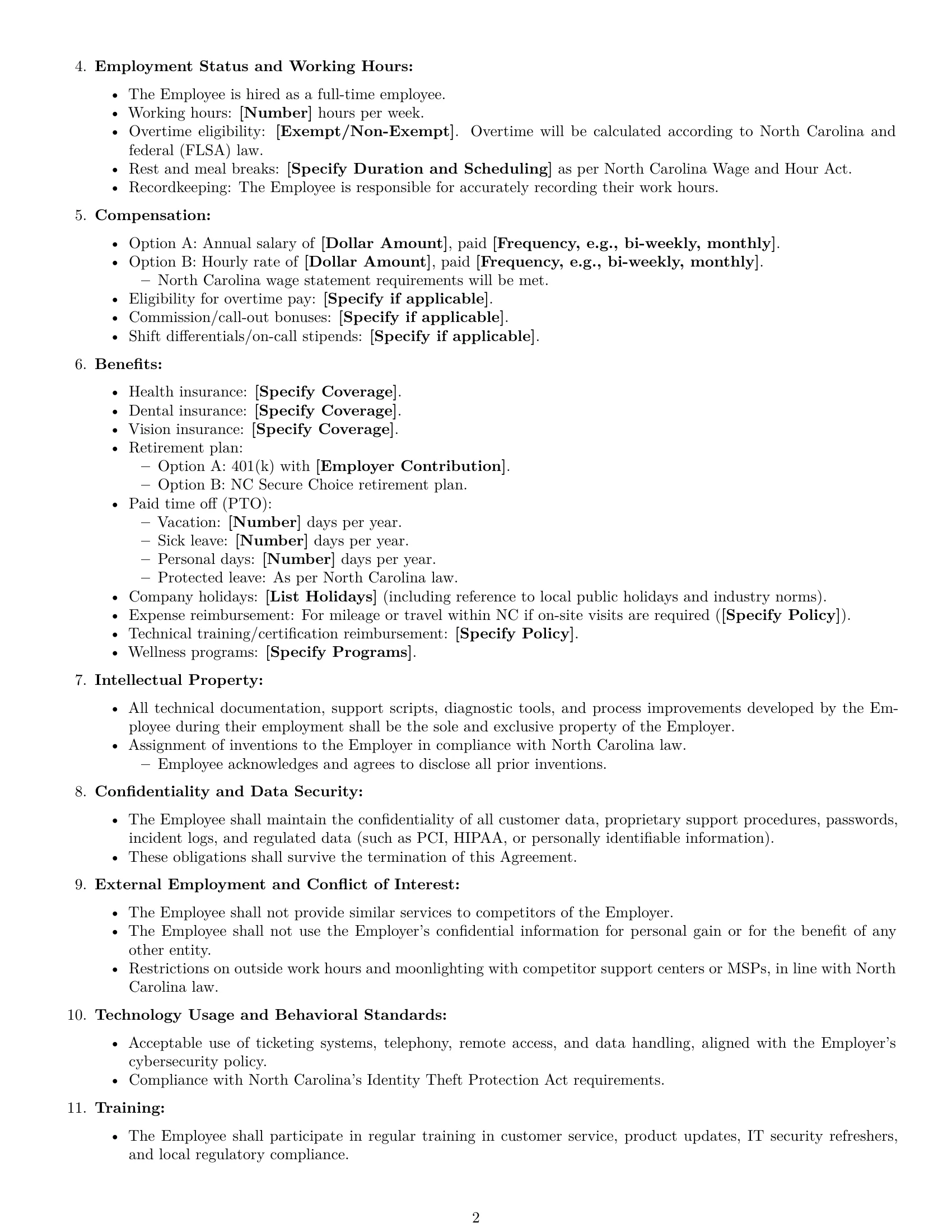 Preview page 2 of Free North Carolina technical support engineer employment contract template