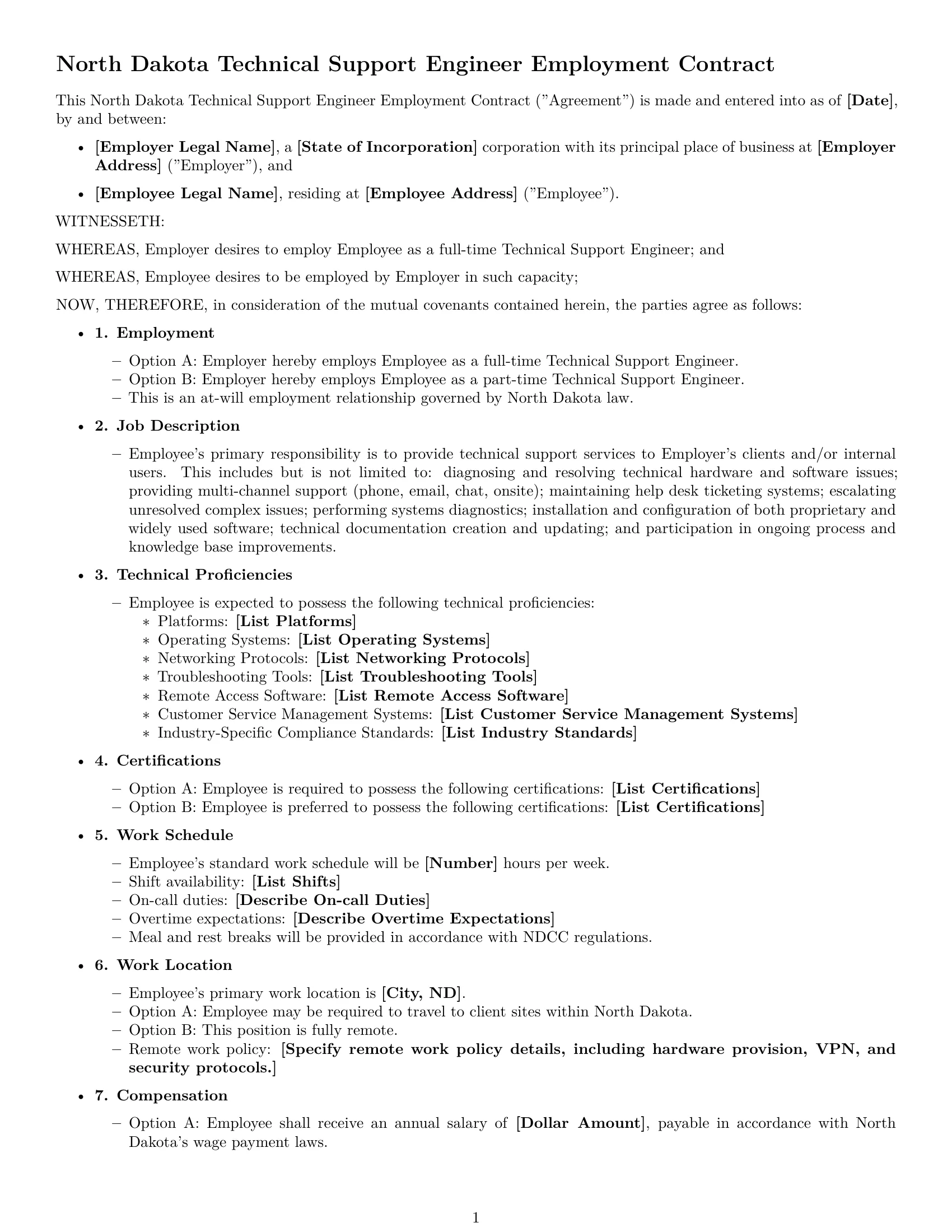 Preview page 1 of Free North Dakota technical support engineer employment contract template