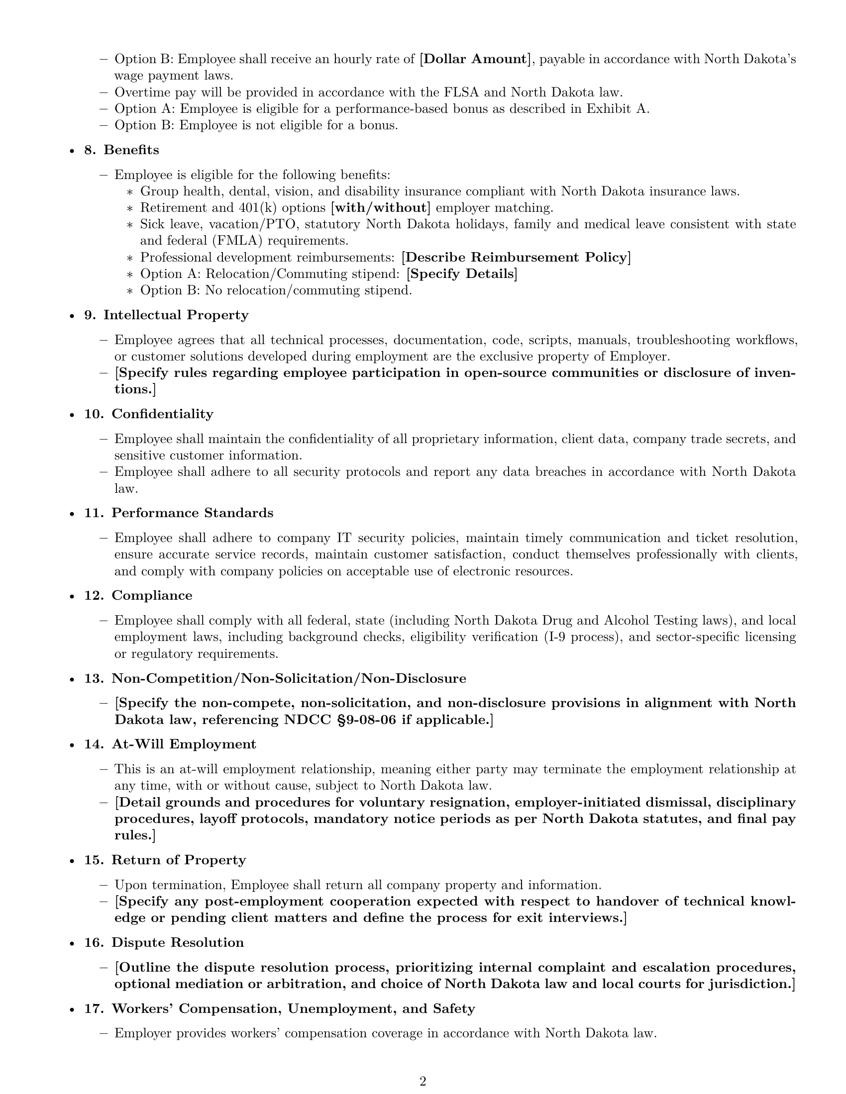 Preview page 2 of Free North Dakota technical support engineer employment contract template