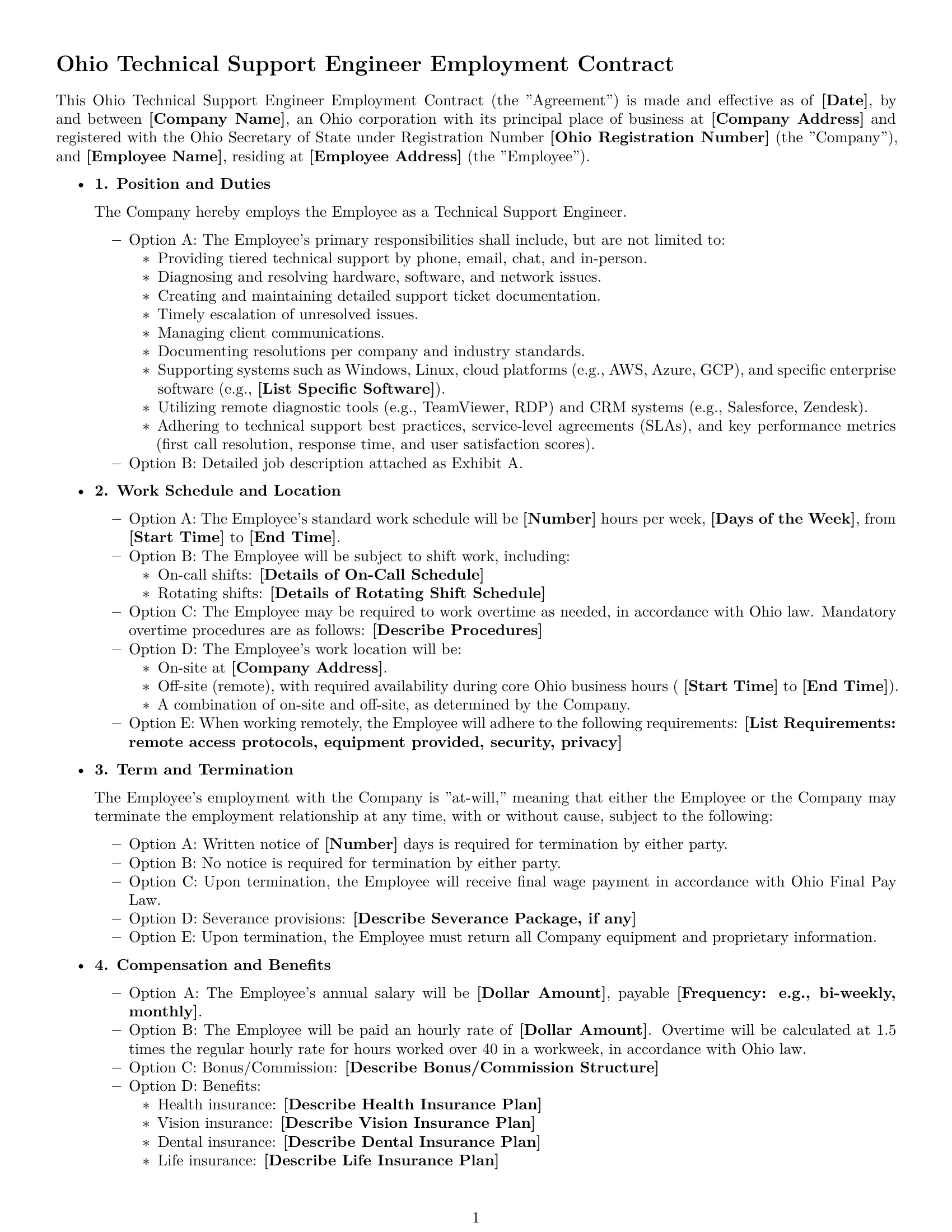 Preview page 1 of Free Ohio technical support engineer employment contract template