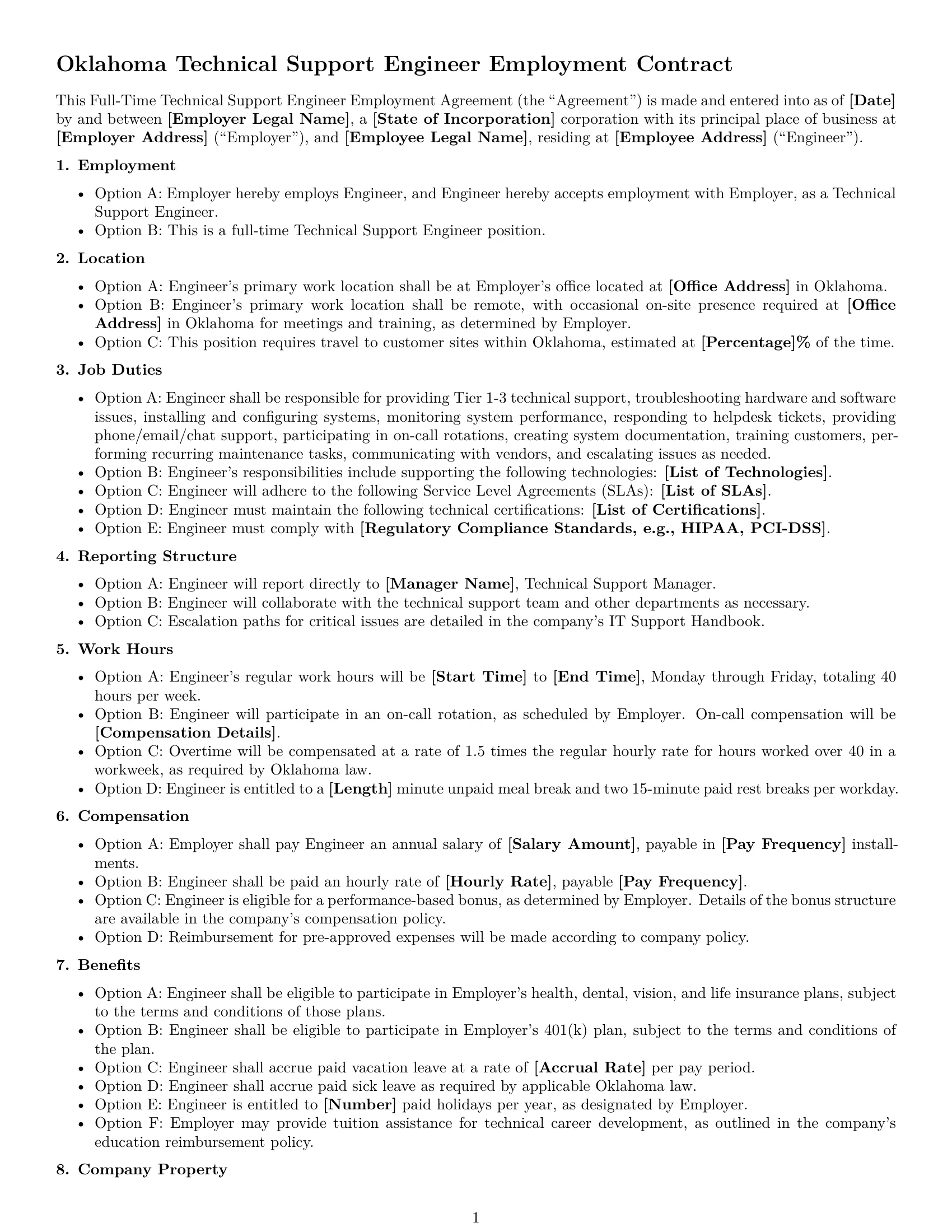 Preview page 1 of Free Oklahoma technical support engineer employment contract template