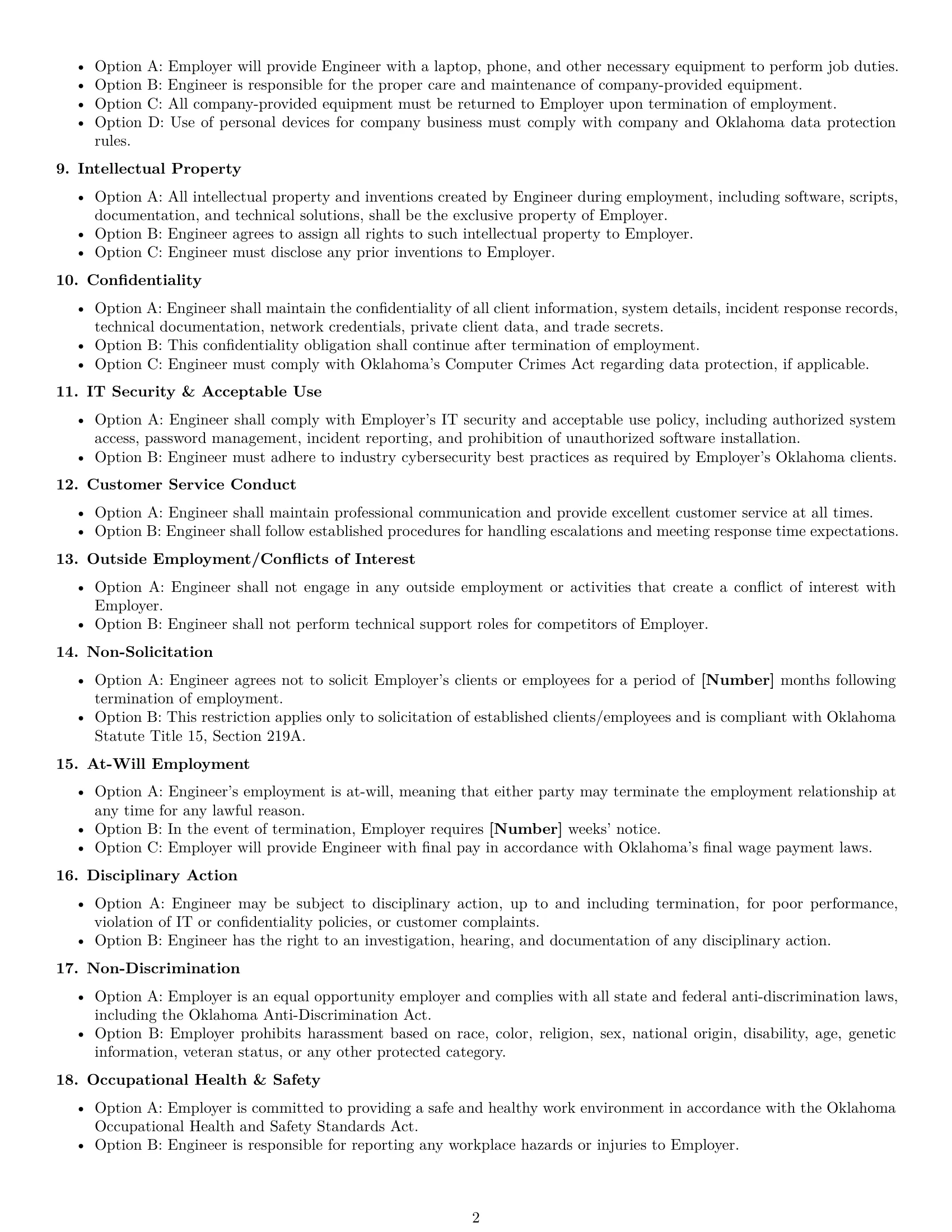 Preview page 2 of Free Oklahoma technical support engineer employment contract template