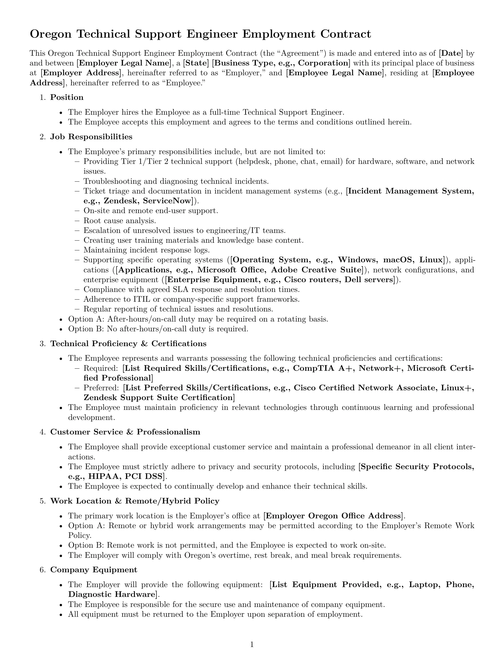 Preview page 1 of Free Oregon technical support engineer employment contract template