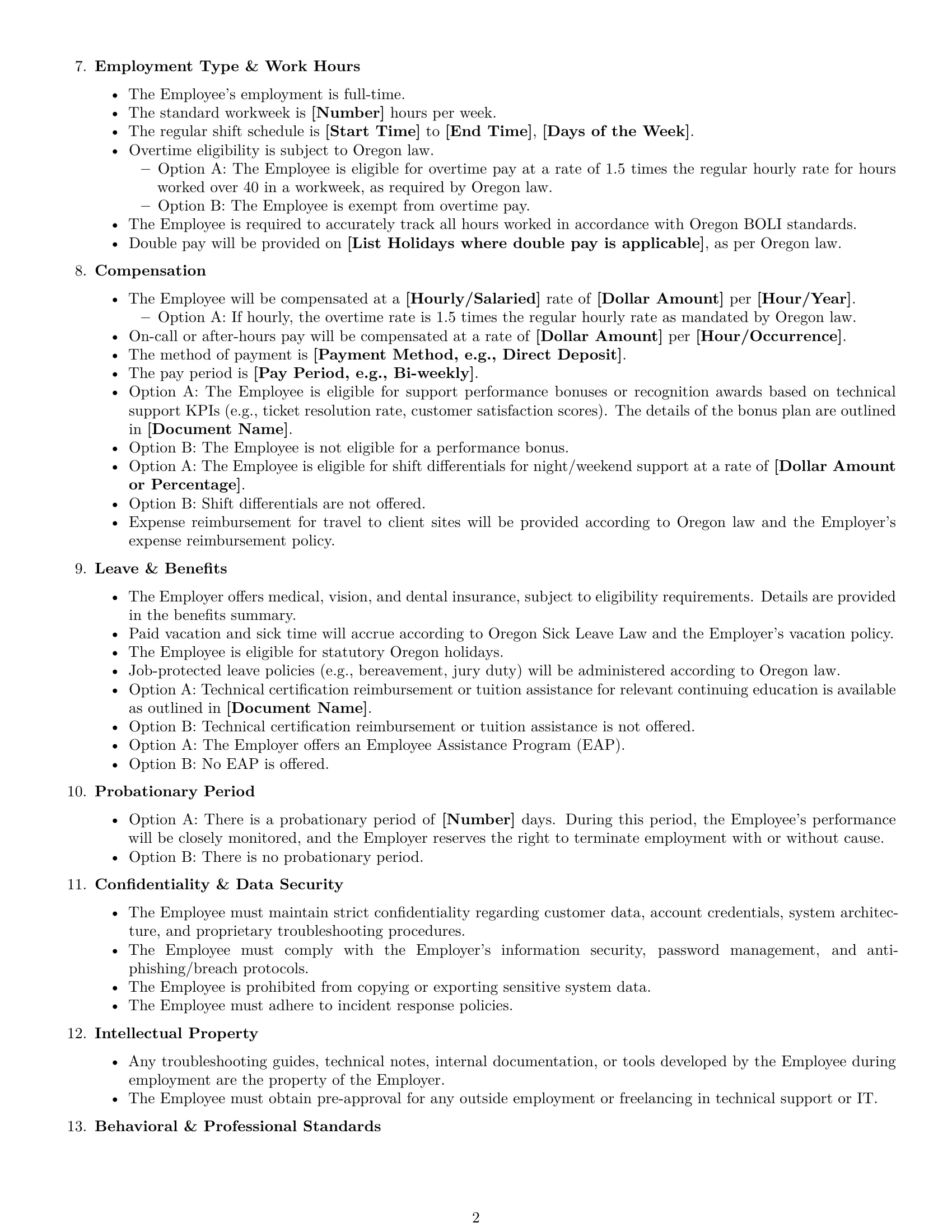 Preview page 2 of Free Oregon technical support engineer employment contract template
