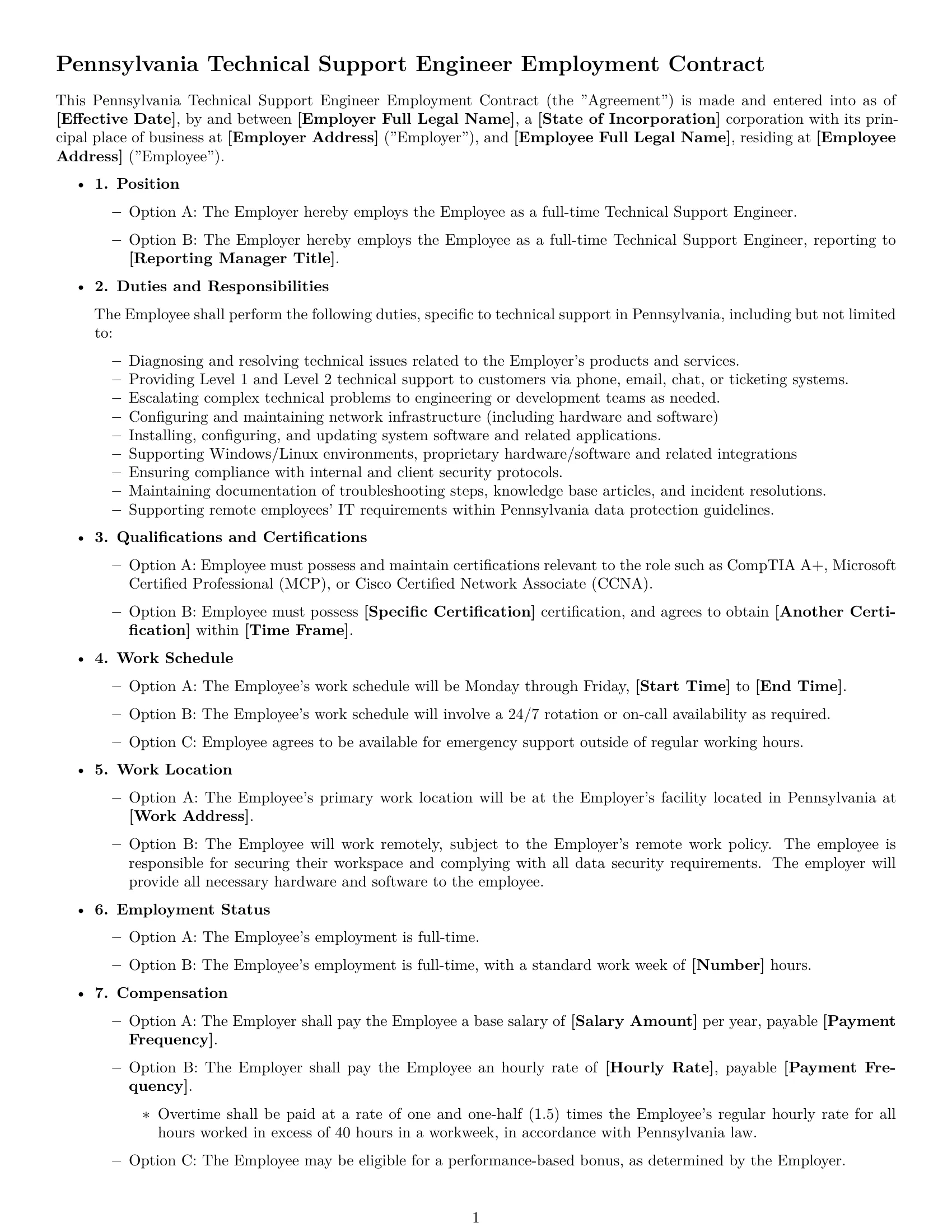 Preview page 1 of Free Pennsylvania technical support engineer employment contract template