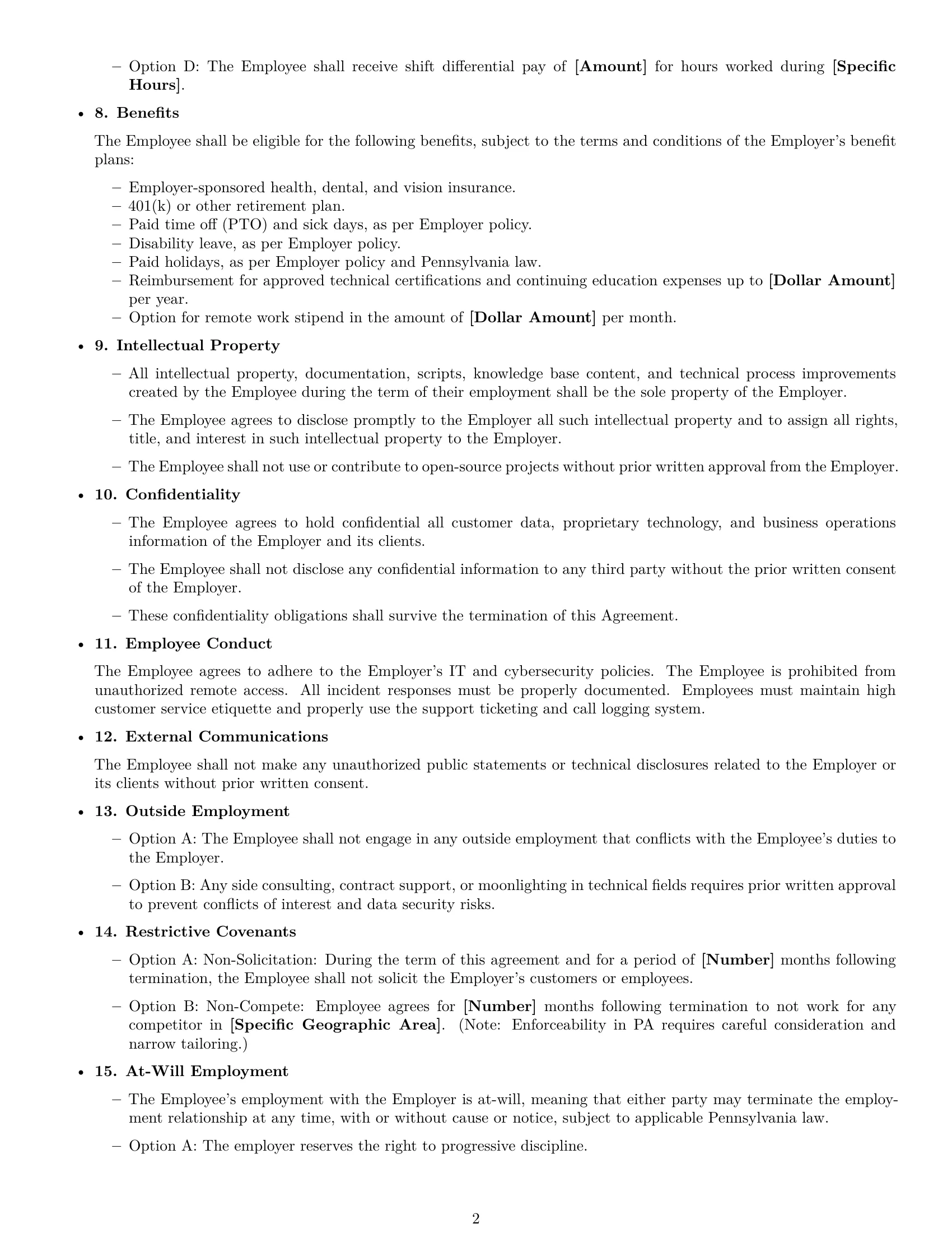 Preview page 2 of Free Pennsylvania technical support engineer employment contract template