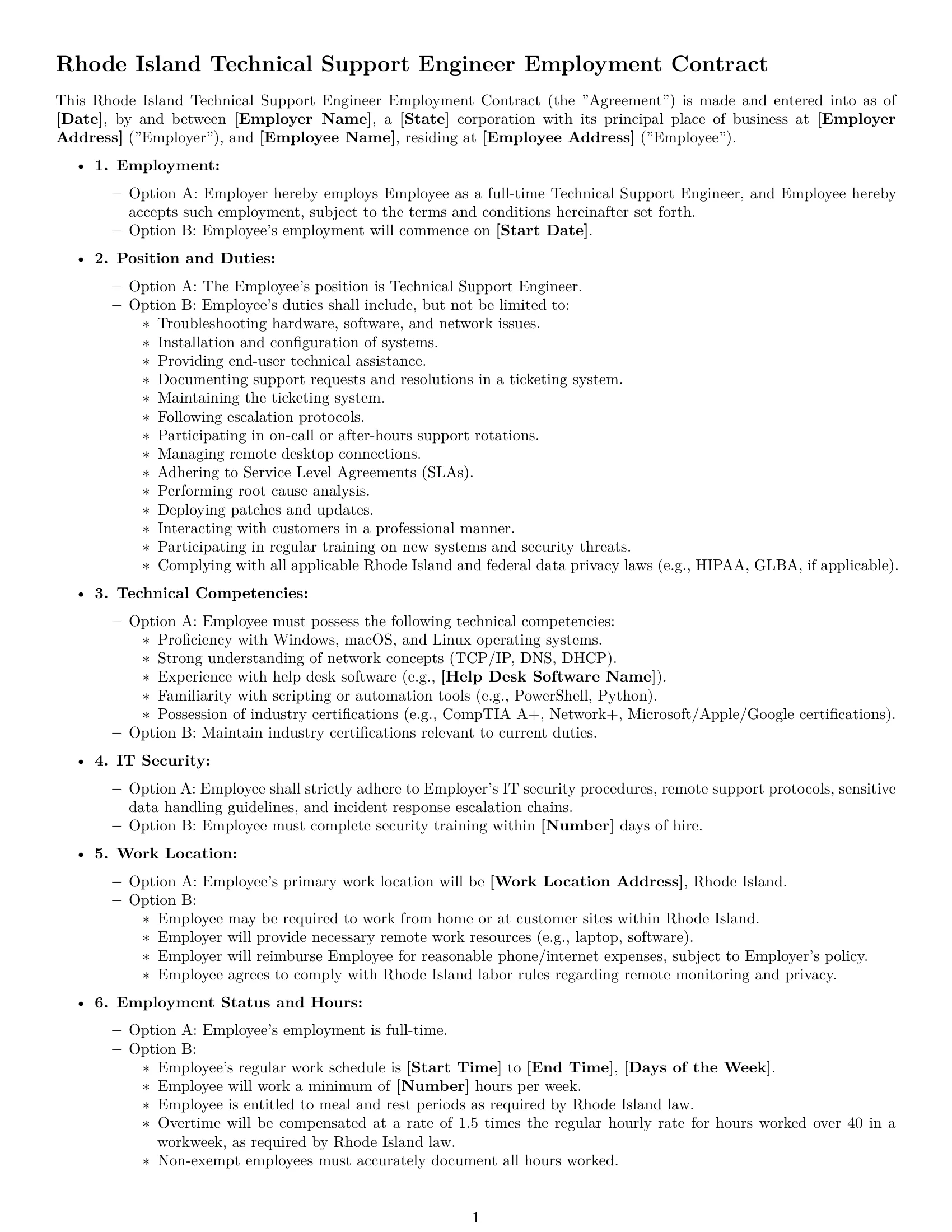 Preview page 1 of Free Rhode Island technical support engineer employment contract template