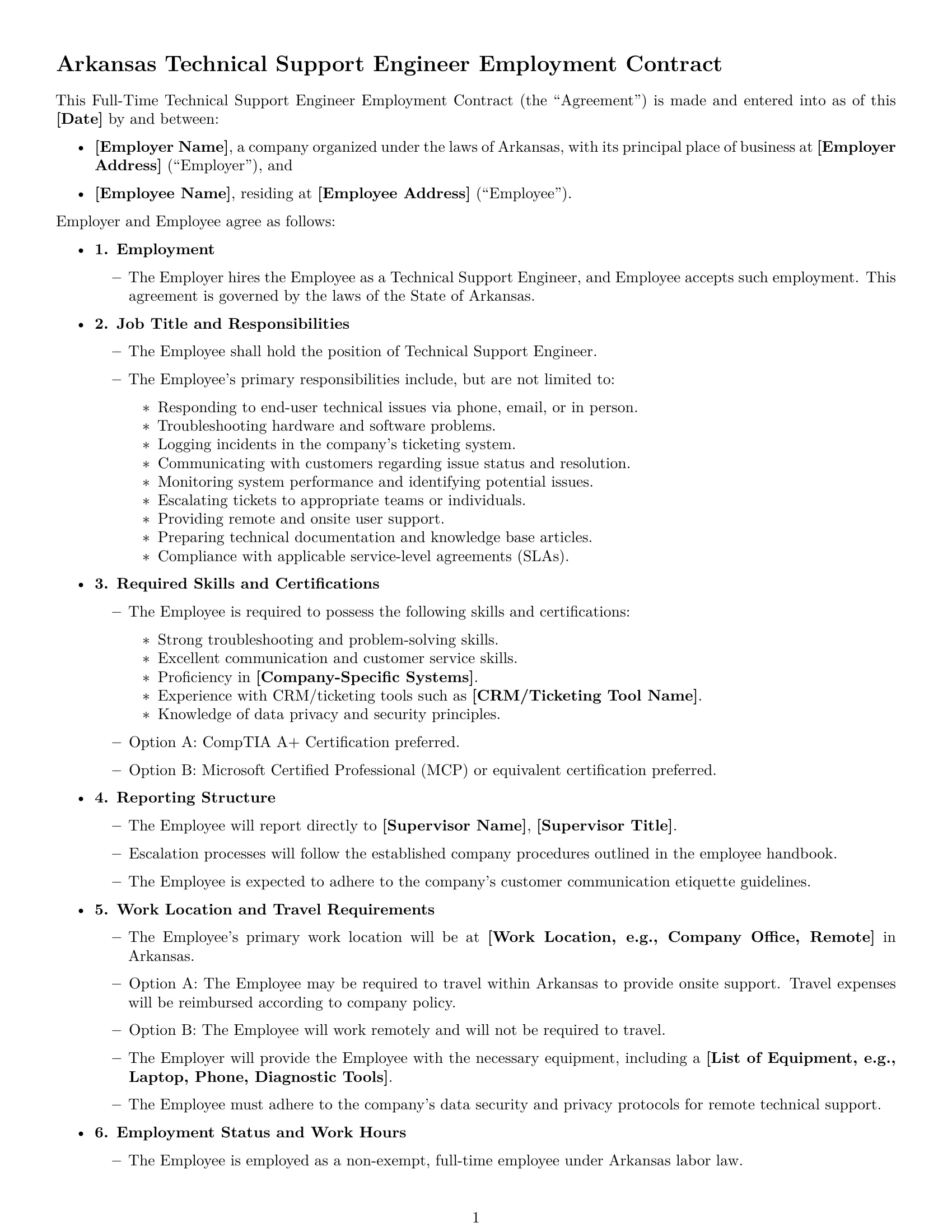 Preview page 1 of Free Arkansas technical support engineer employment contract template
