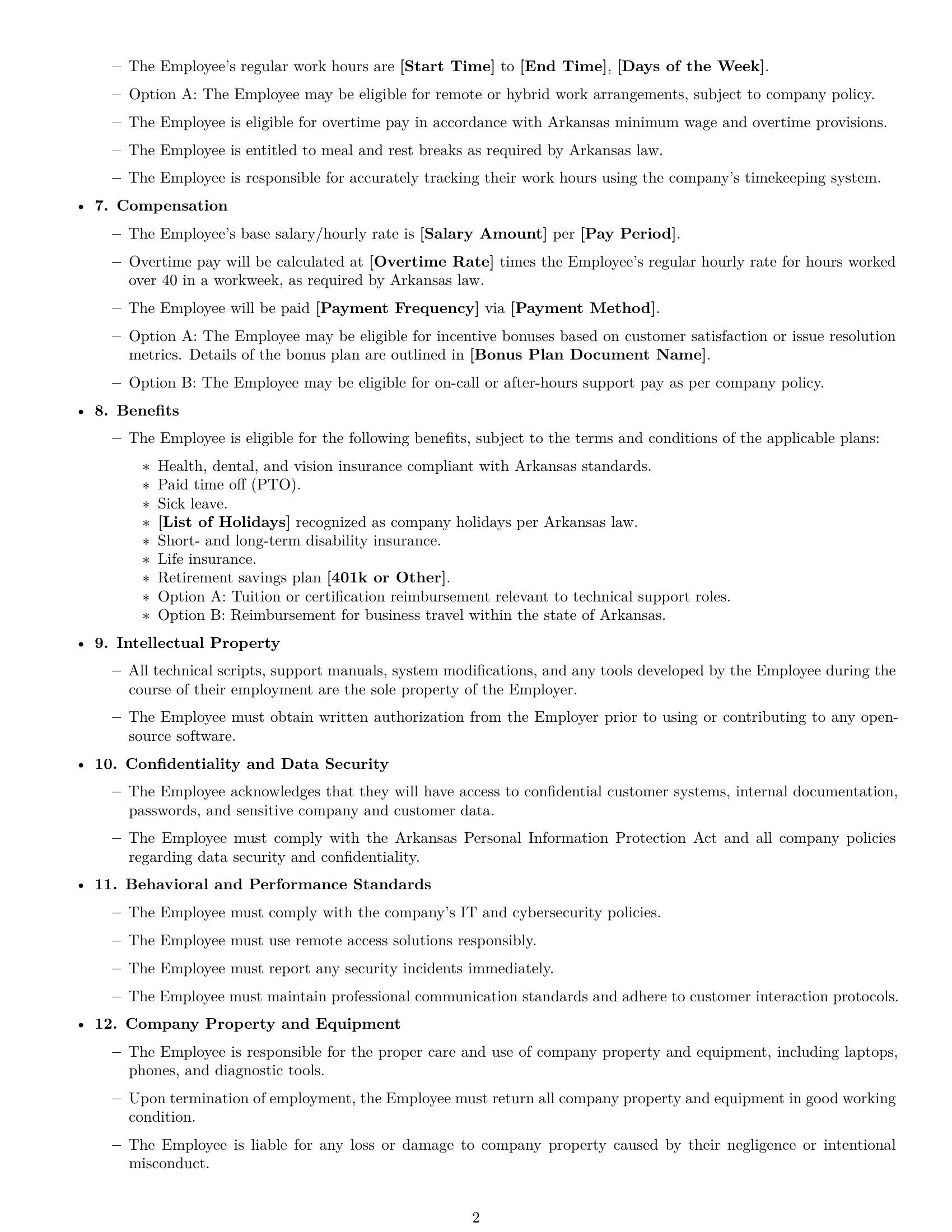 Preview page 2 of Free Arkansas technical support engineer employment contract template