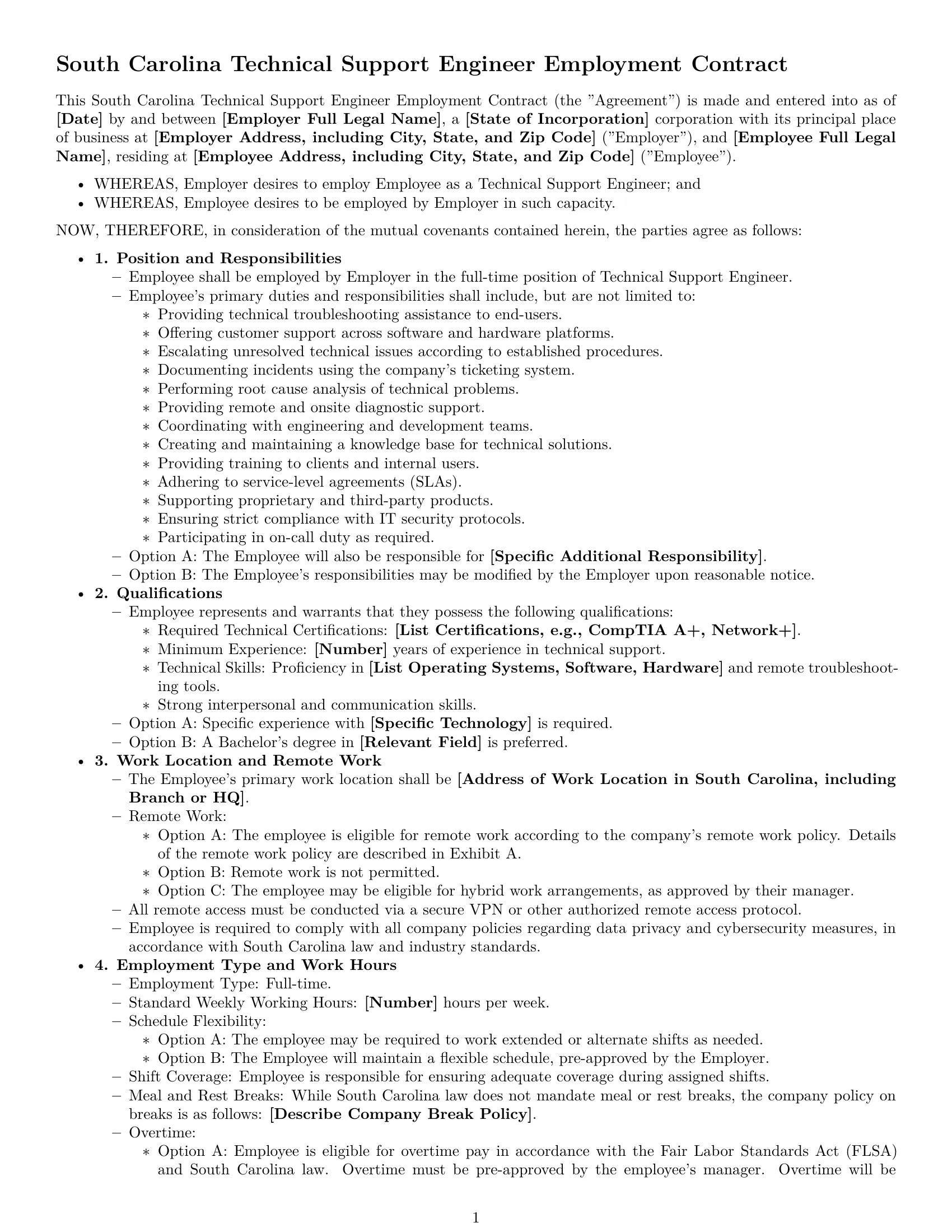 Preview page 1 of Free South Carolina technical support engineer employment contract template