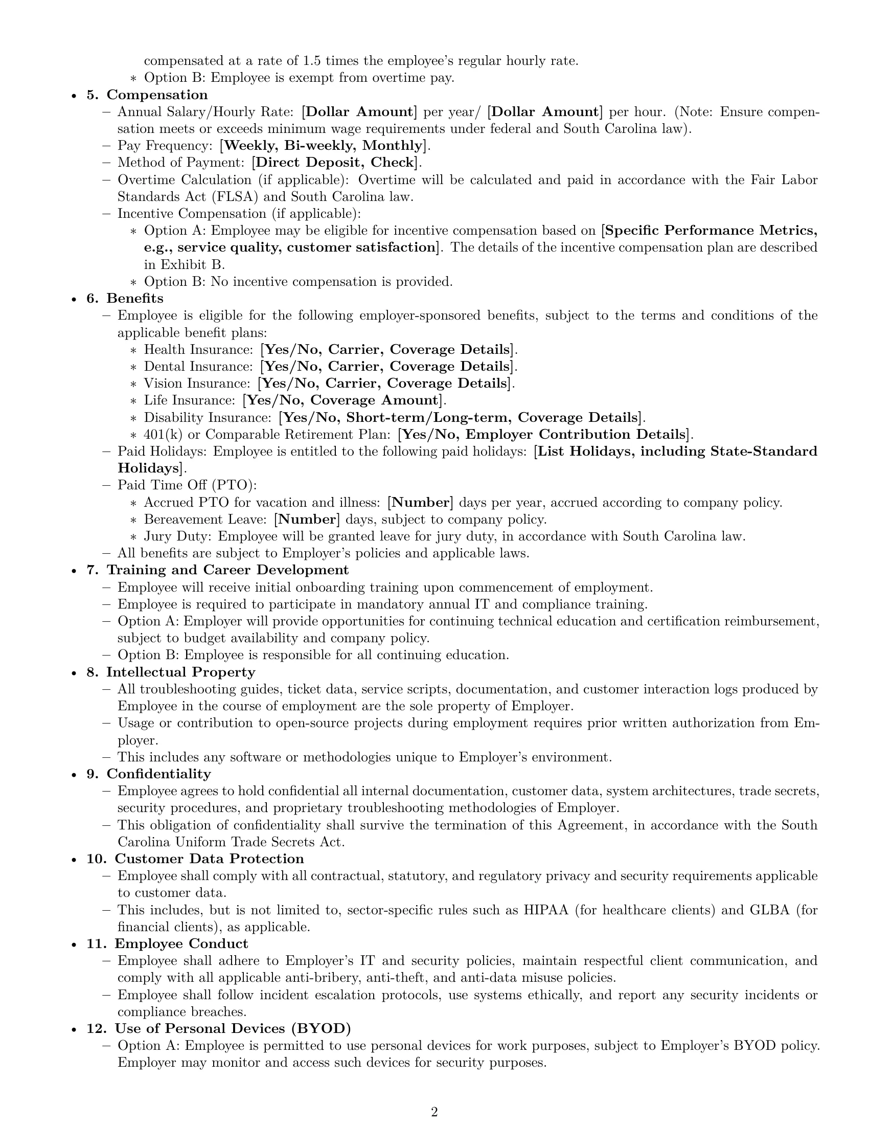 Preview page 2 of Free South Carolina technical support engineer employment contract template