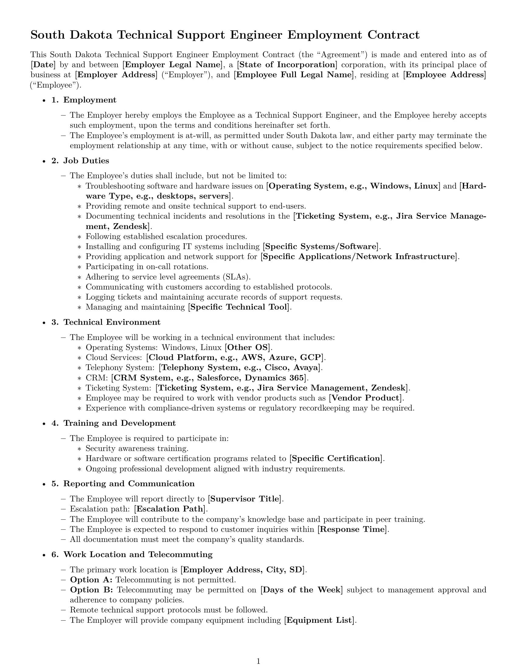Preview page 1 of Free South Dakota technical support engineer employment contract template