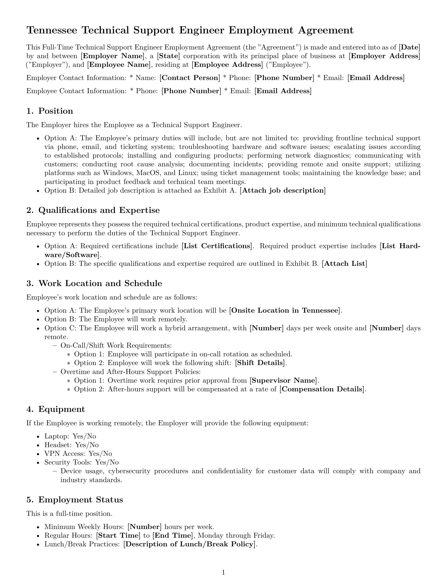Preview page 1 of Free Tennessee technical support engineer employment contract template