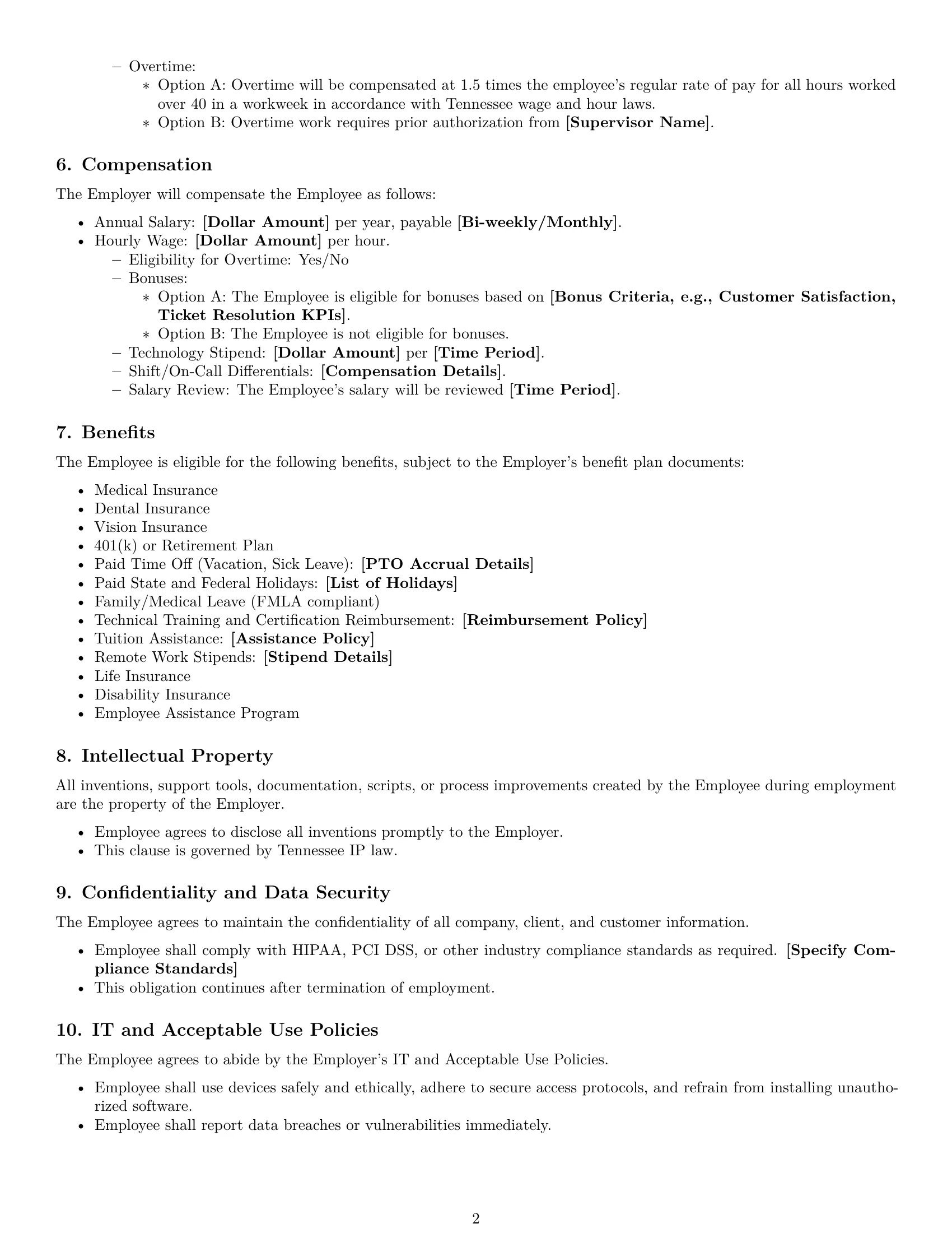Preview page 2 of Free Tennessee technical support engineer employment contract template