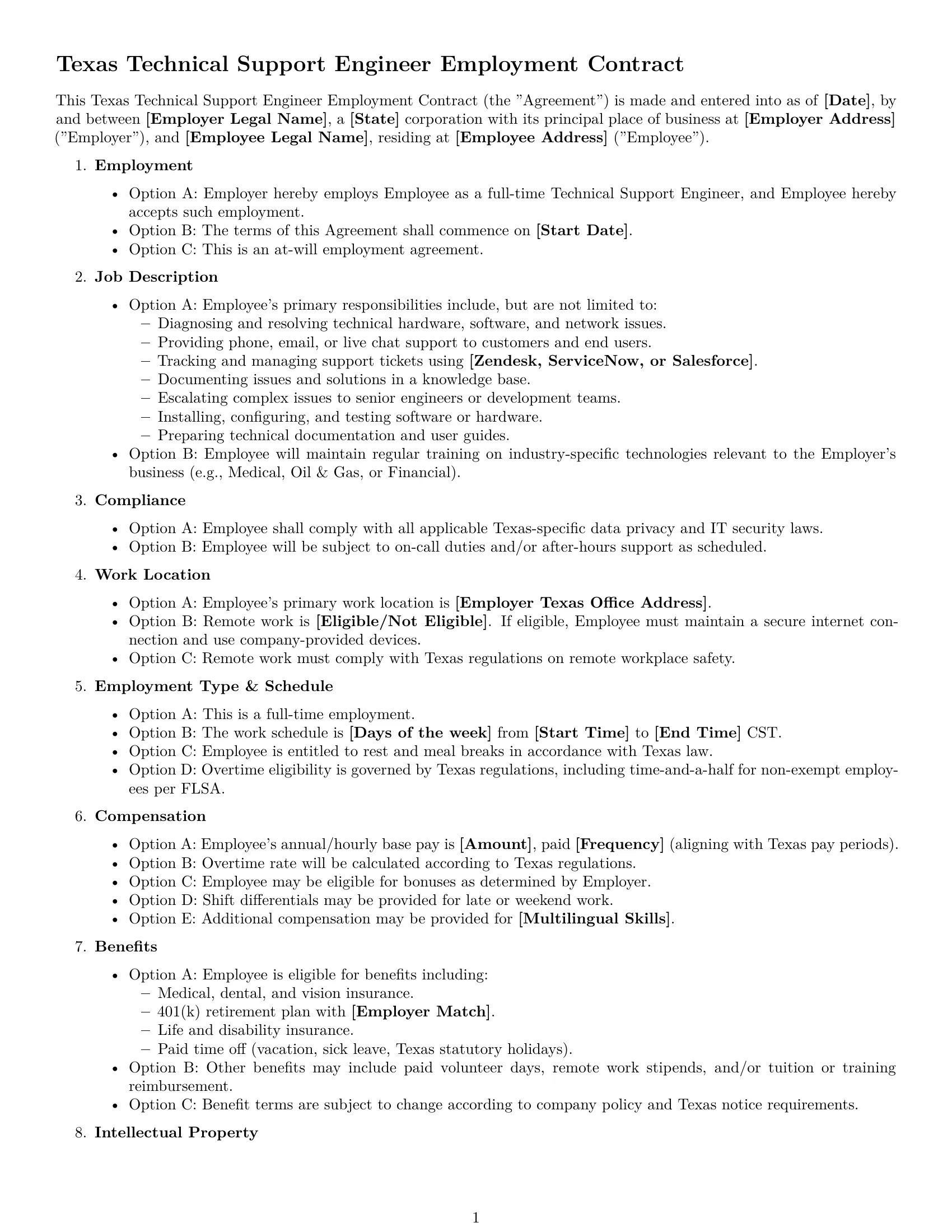 Preview page 1 of Free Texas technical support engineer employment contract template