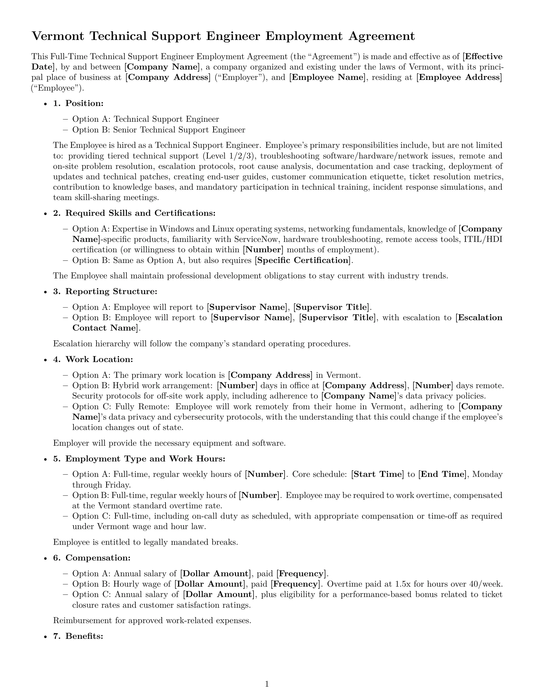 Preview page 1 of Free Vermont technical support engineer employment contract template