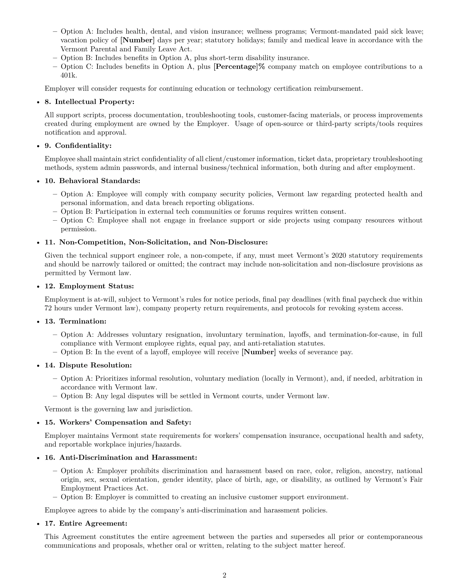 Preview page 2 of Free Vermont technical support engineer employment contract template