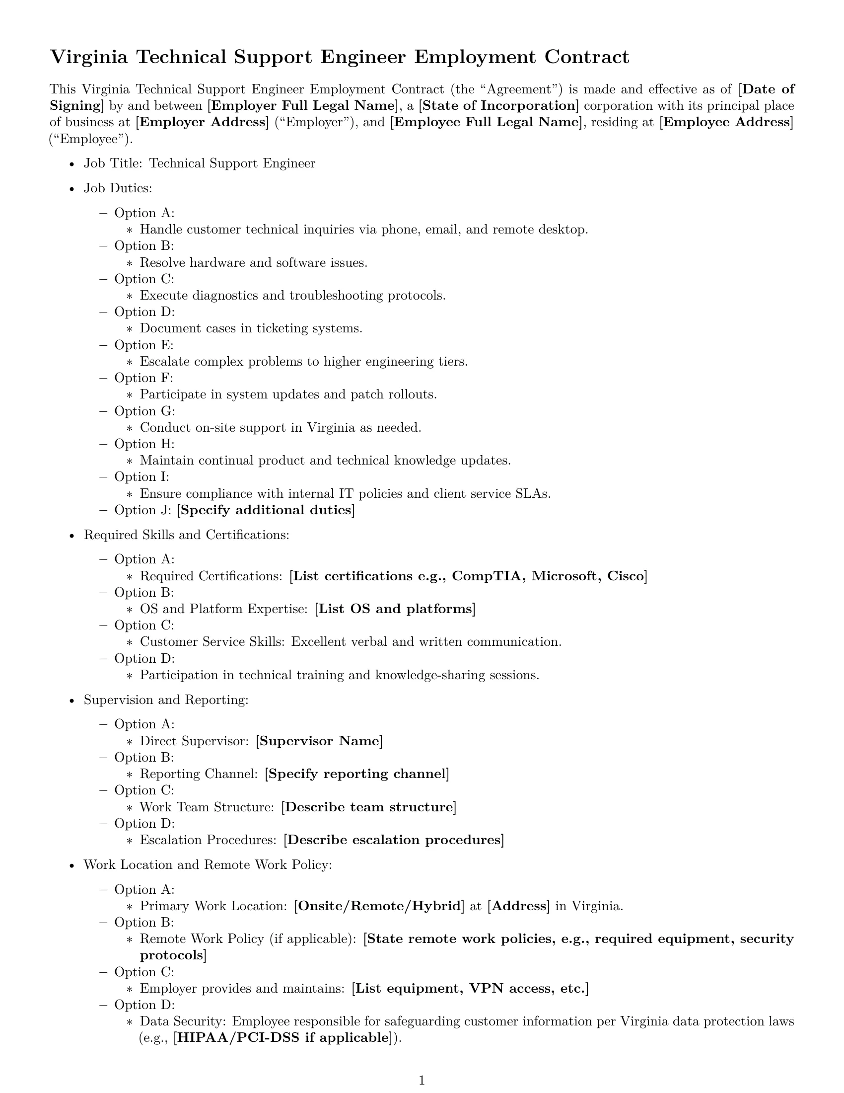 Preview page 1 of Free Virginia technical support engineer employment contract template