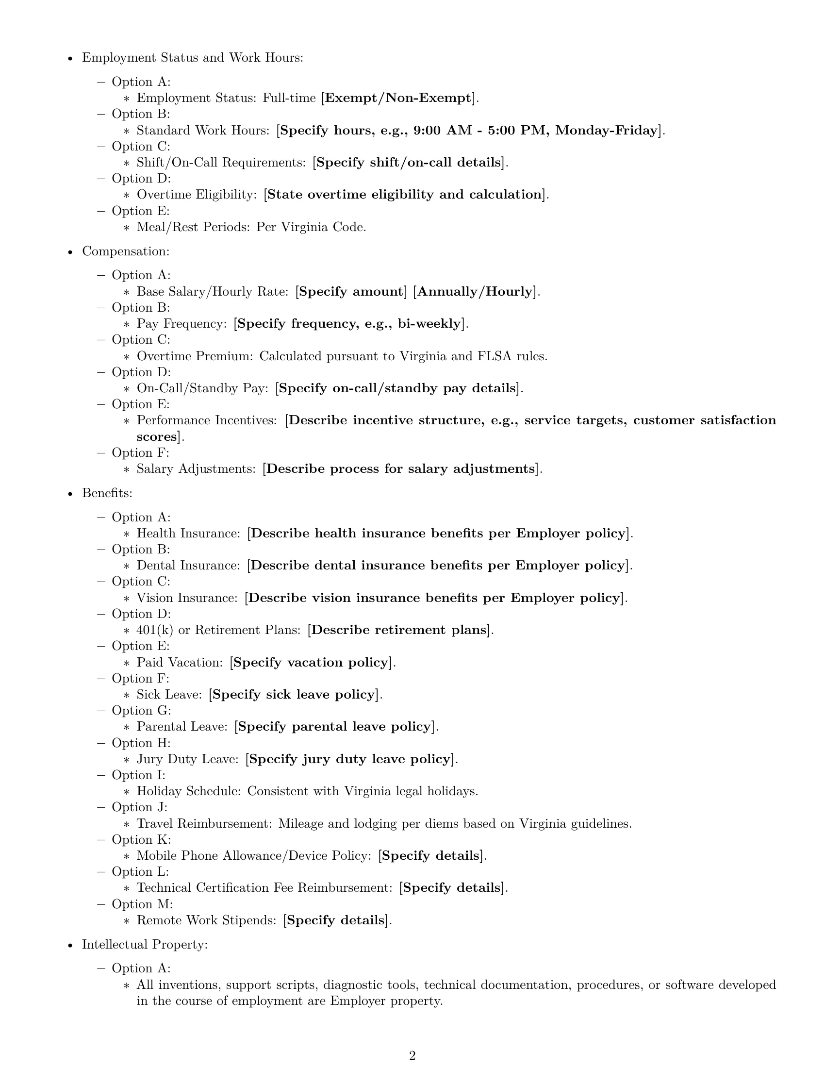 Preview page 2 of Free Virginia technical support engineer employment contract template