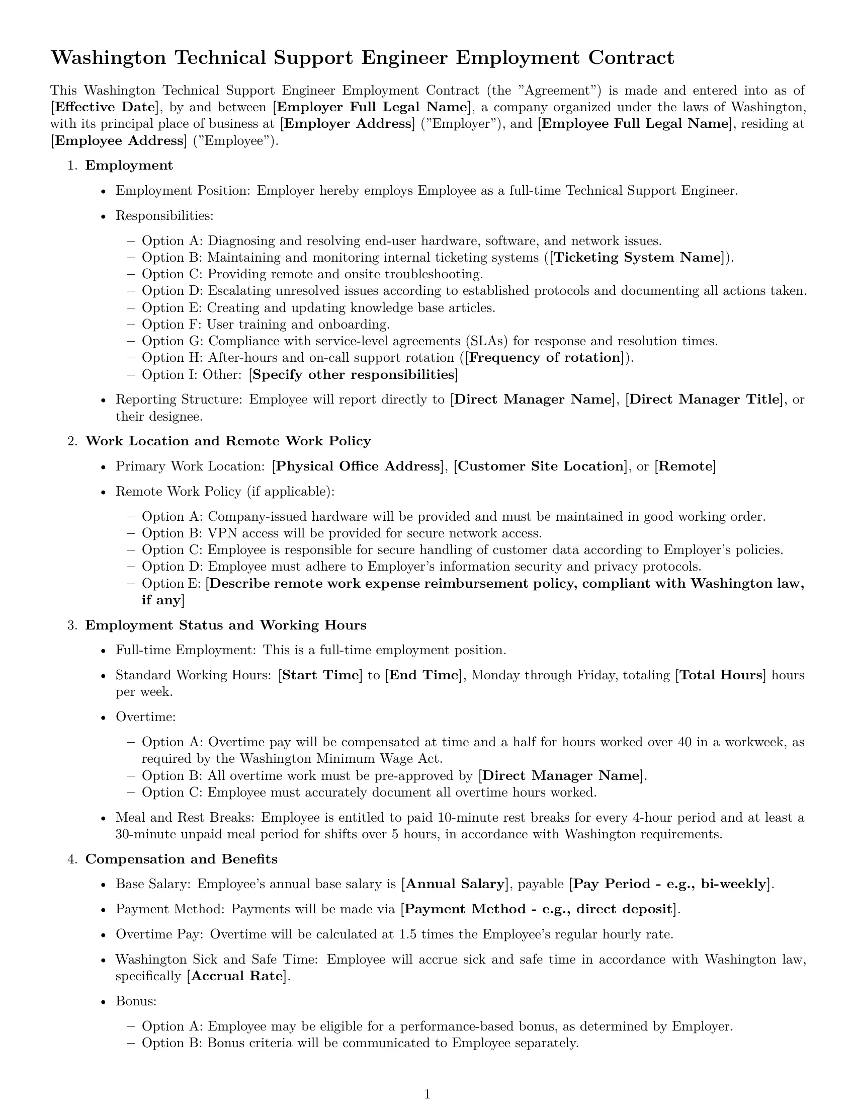 Preview page 1 of Free Washington technical support engineer employment contract template