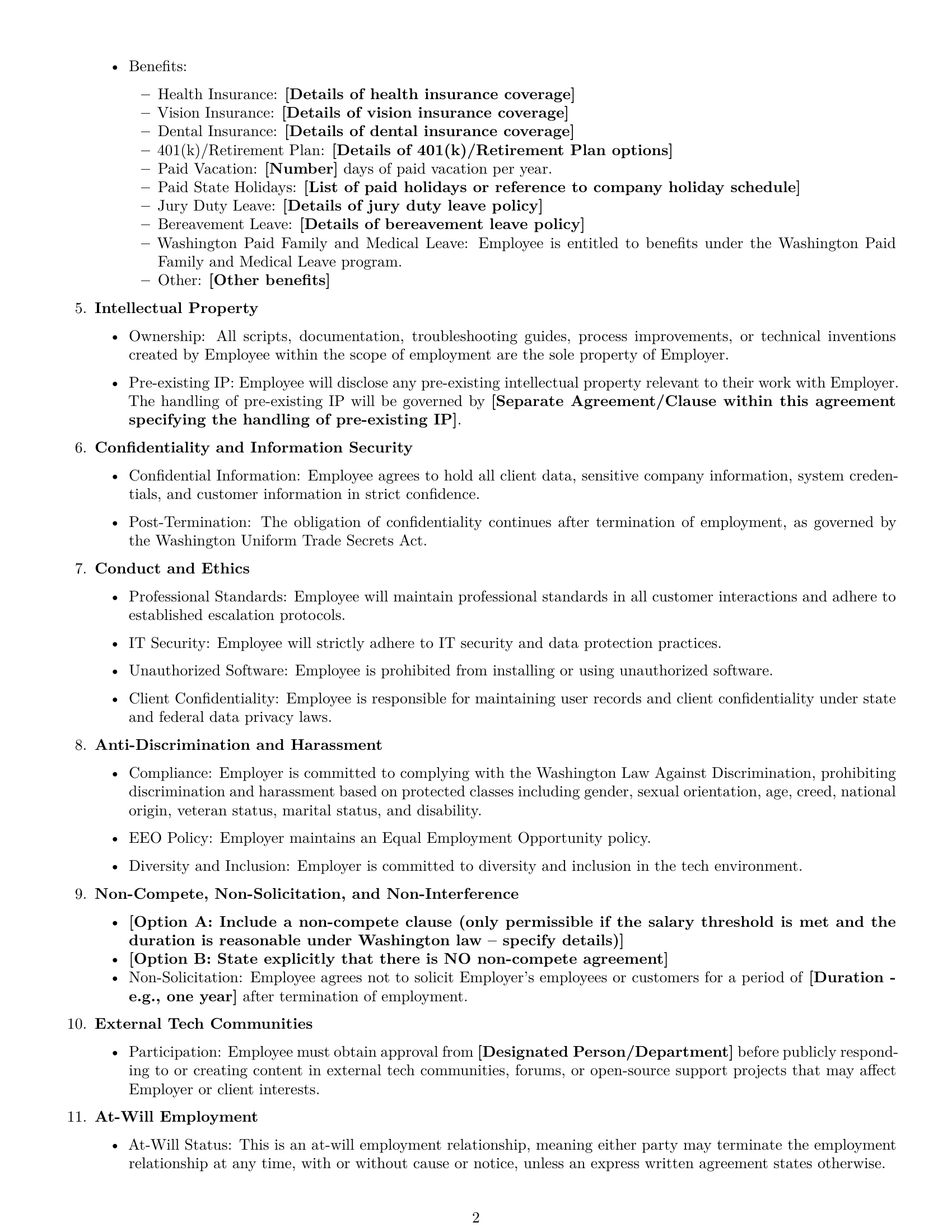 Preview page 2 of Free Washington technical support engineer employment contract template