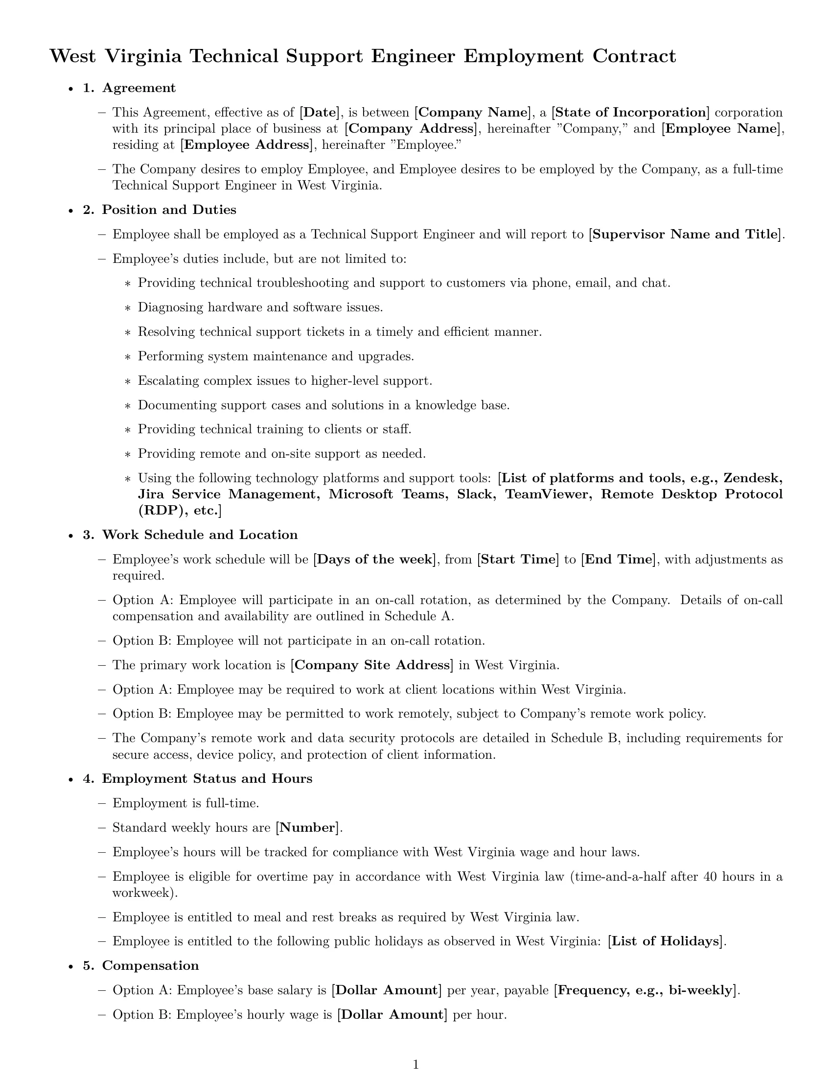 Preview page 1 of Free West Virginia technical support engineer employment contract template