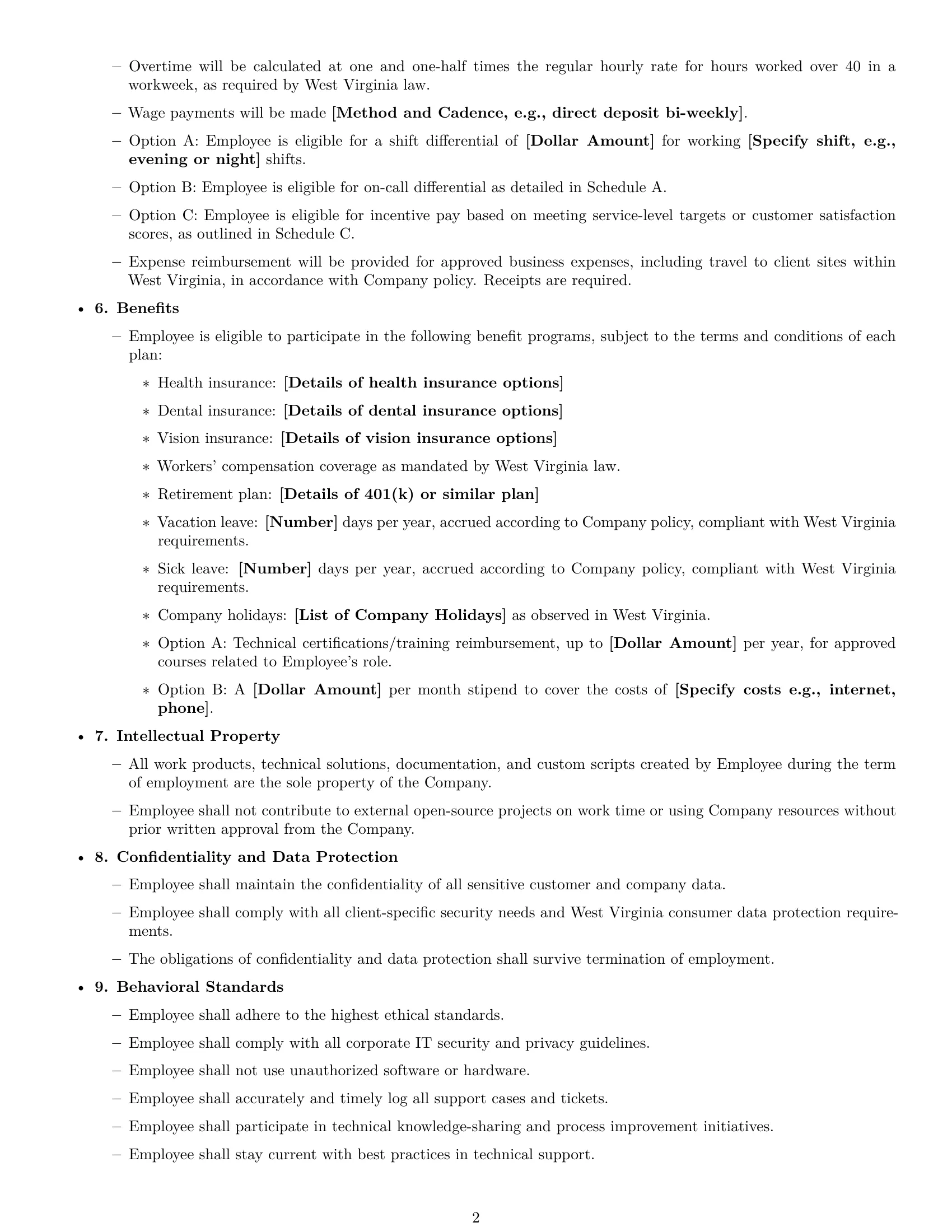 Preview page 2 of Free West Virginia technical support engineer employment contract template