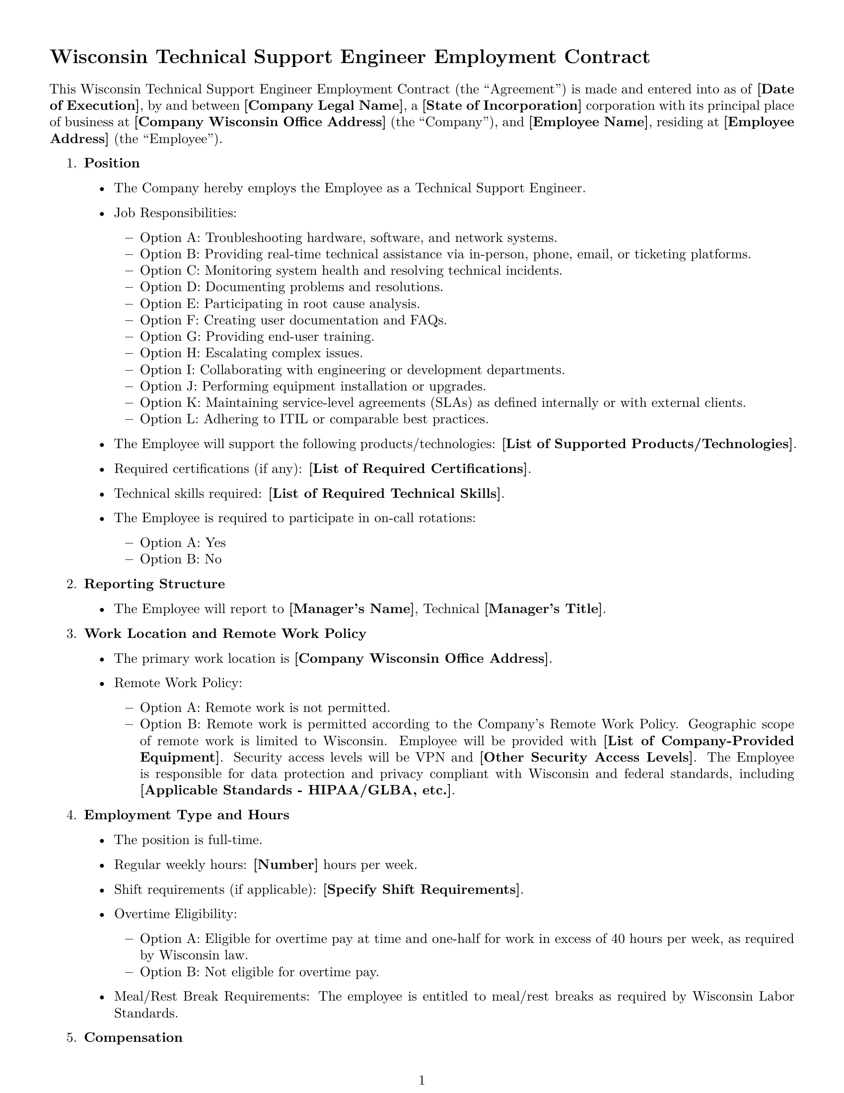 Preview page 1 of Free Wisconsin technical support engineer employment contract template
