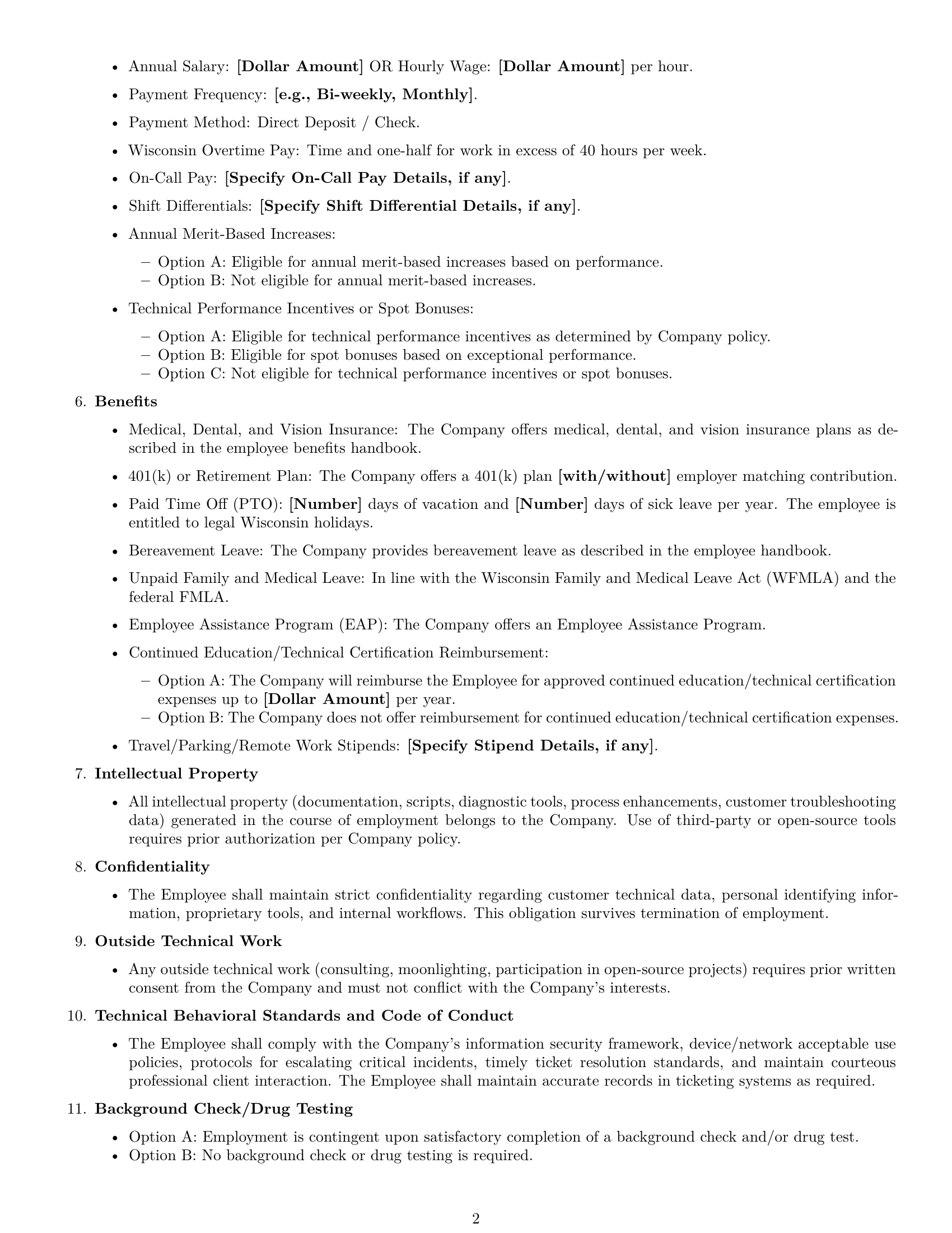 Preview page 2 of Free Wisconsin technical support engineer employment contract template