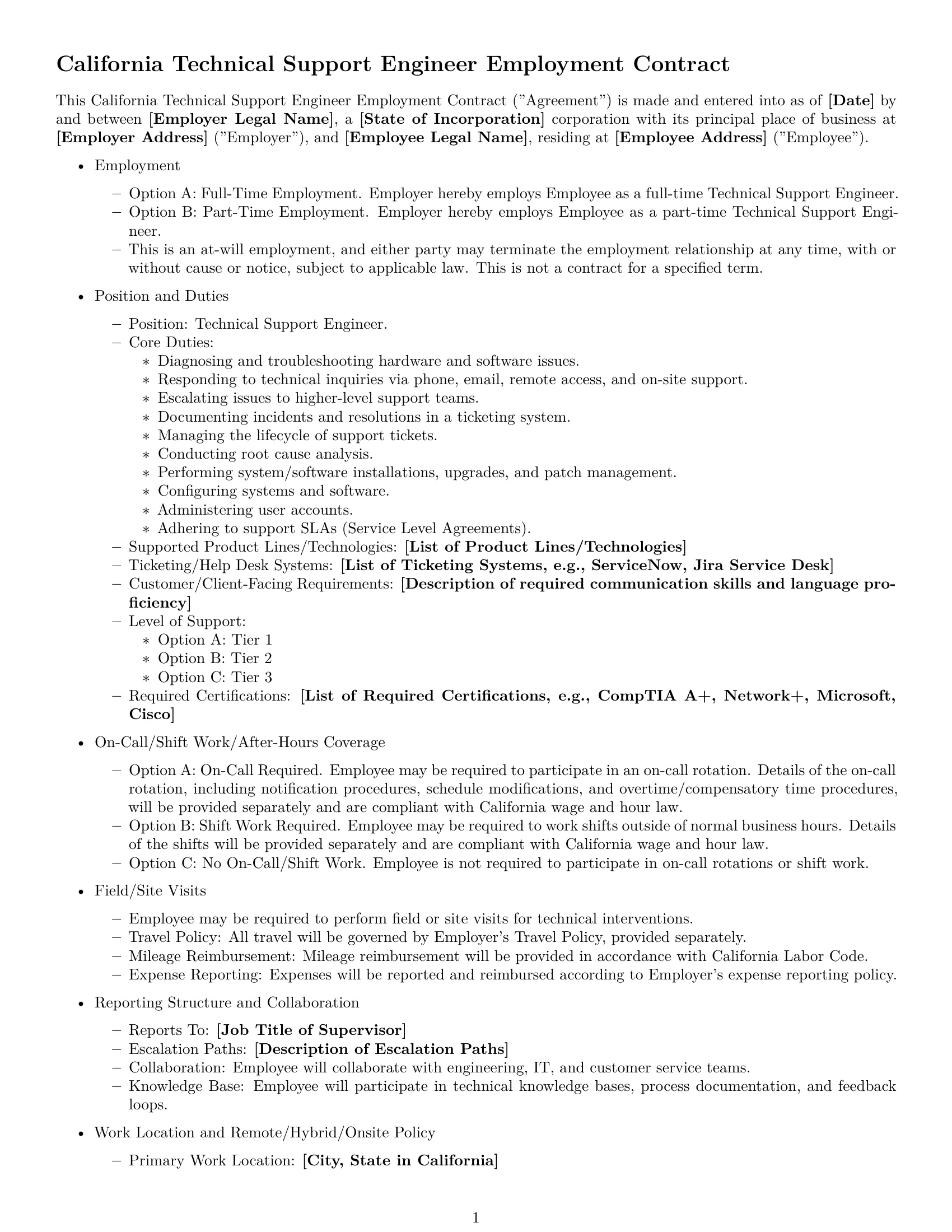 Preview page 1 of Free California technical support engineer employment contract template