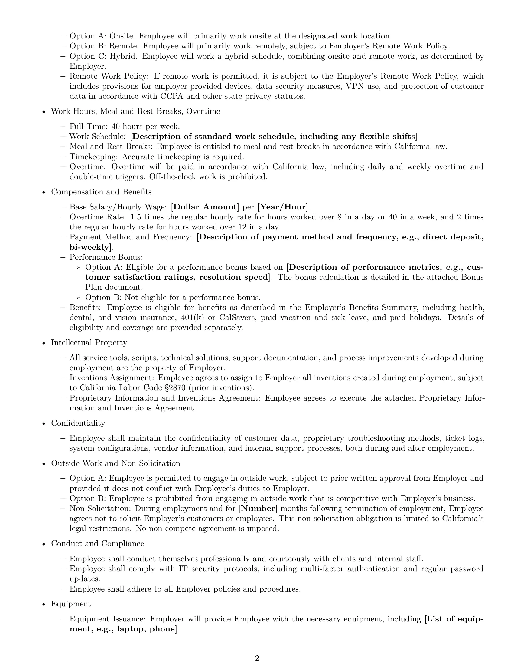 Preview page 2 of Free California technical support engineer employment contract template
