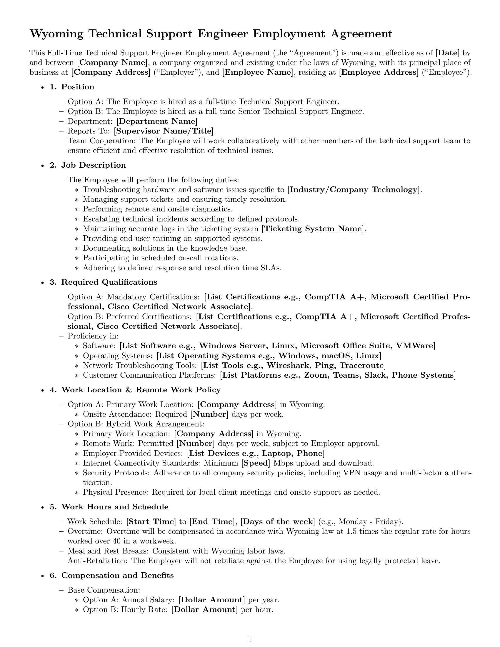 Preview page 1 of Free Wyoming technical support engineer employment contract template